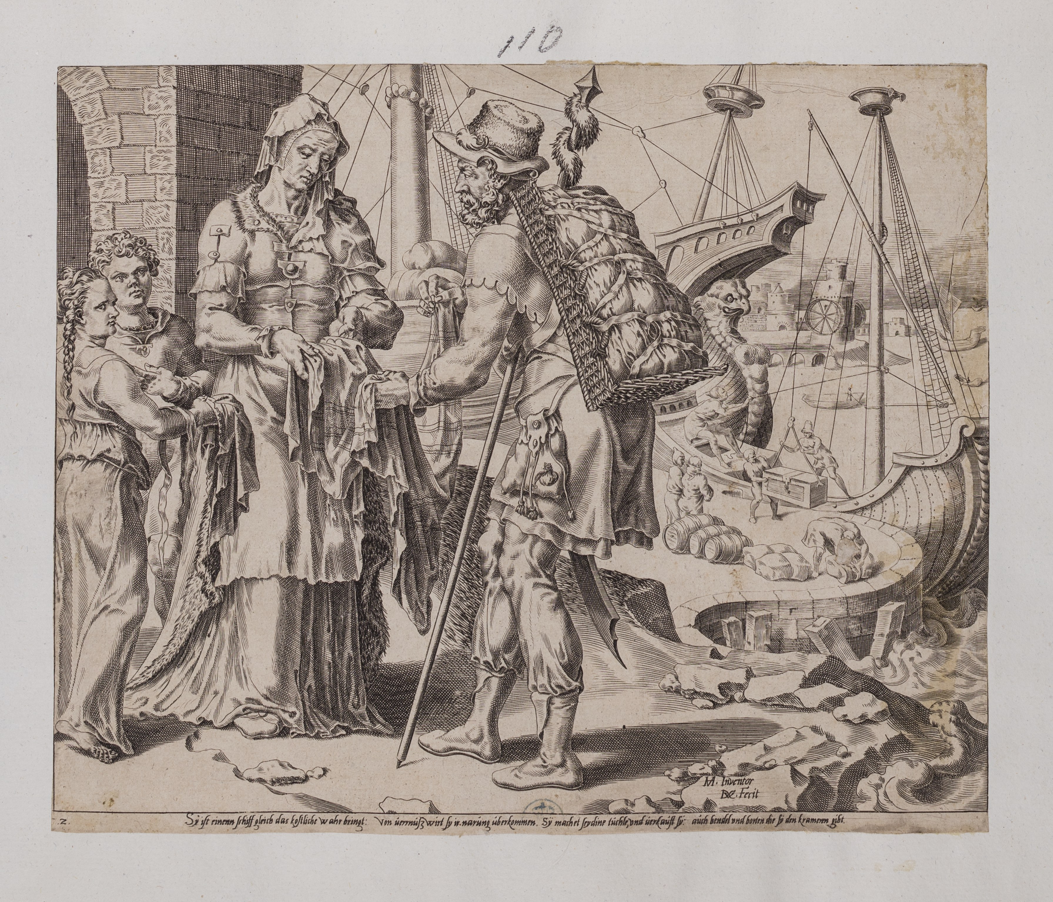 La moglie virtuosa che vende le sue merci a un venditore ambulante (stampa controfondata smarginata tagliata) di Heemskerck Marten van, Coornhert Dirck (terzo quarto XVI)
