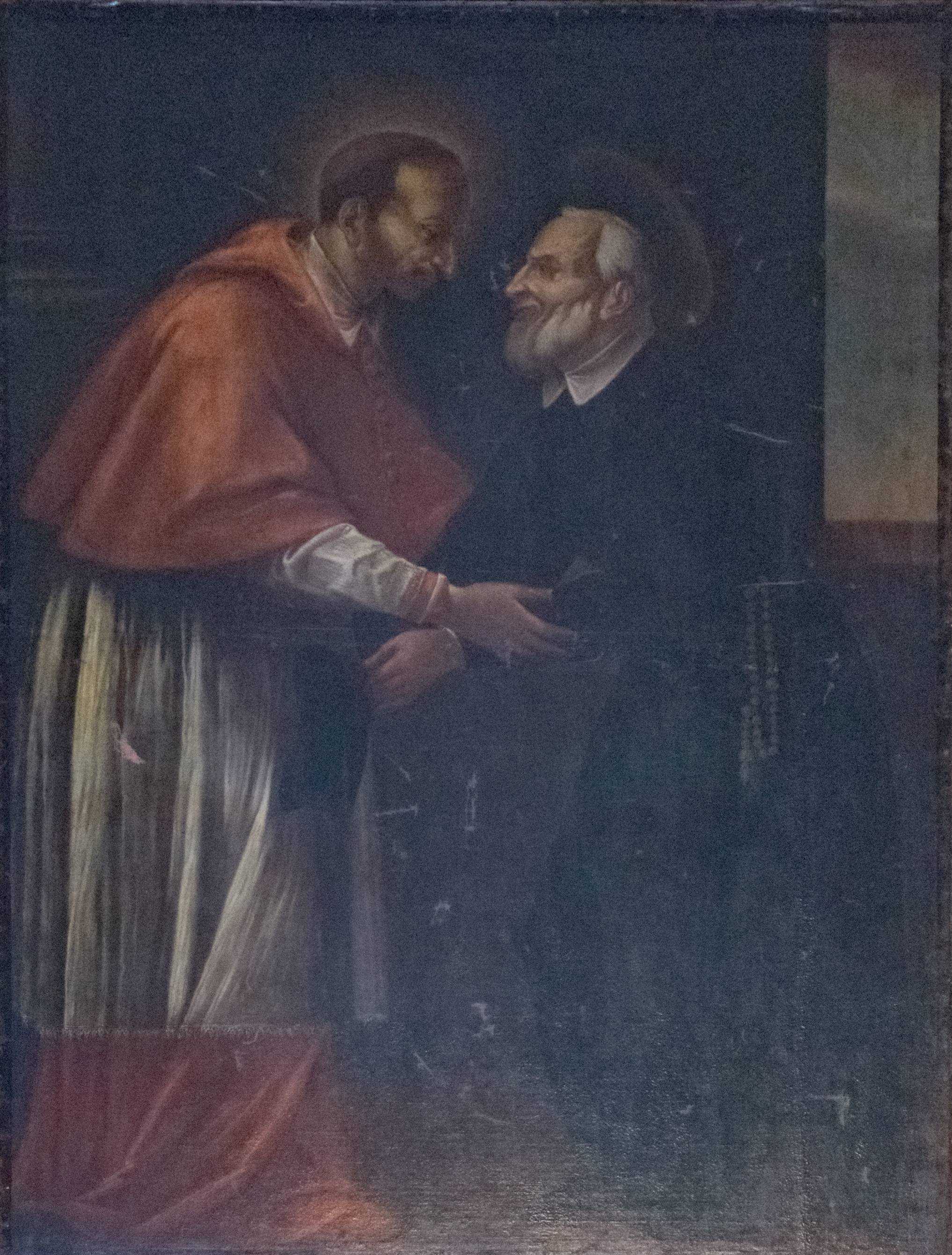 Incontro tra Carlo Borromeo e Filippo Neri (dipinto, opera isolata) - ambito milanese (fine/ inizio secc. XVII/ XVIII)