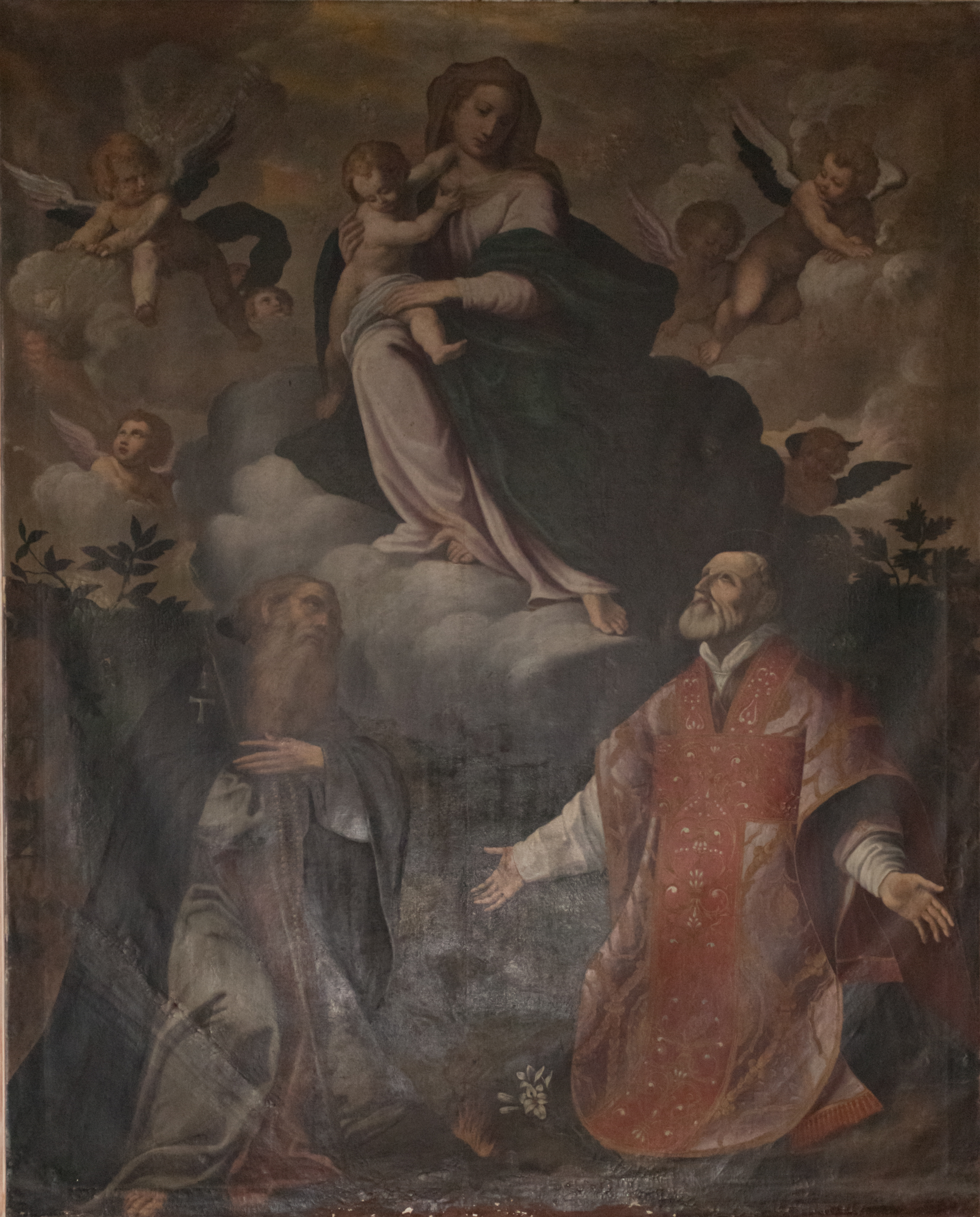 Madonna col Bambino, i santi Antonio abate e Filippo neri e angeli (dipinto, opera isolata) - ambito milanese (prima metà sec. XVII)