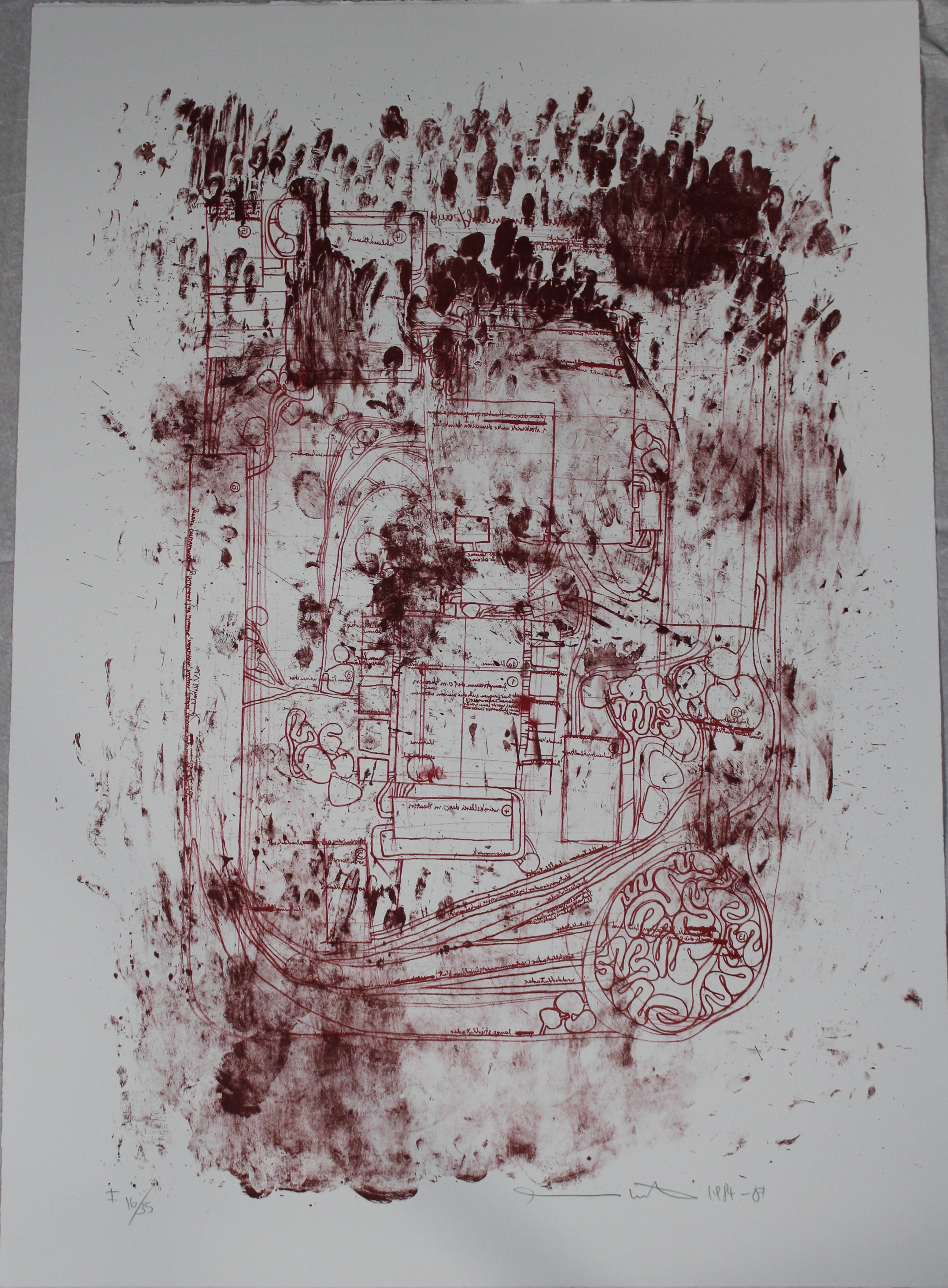 Litograph in burgundy and "caput mortuum" (iron red), Corpo umano (stampa) di Hermann Nitsch - ambito viennese (XX sec)