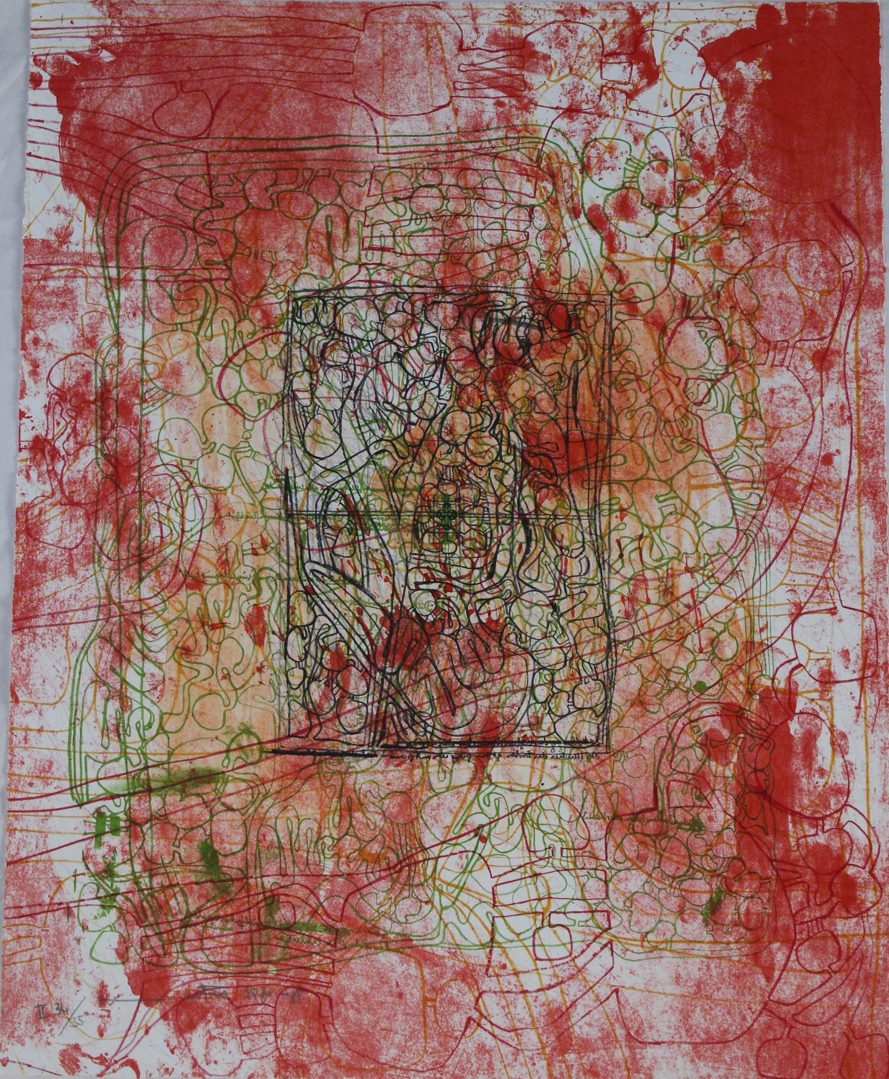 (Portfolio II n.1) Litograph in Indian yellow, orange, red, burgundy, green and black, Corpo umano (stampa) di Hermann Nitsch - ambito viennese (XX sec)