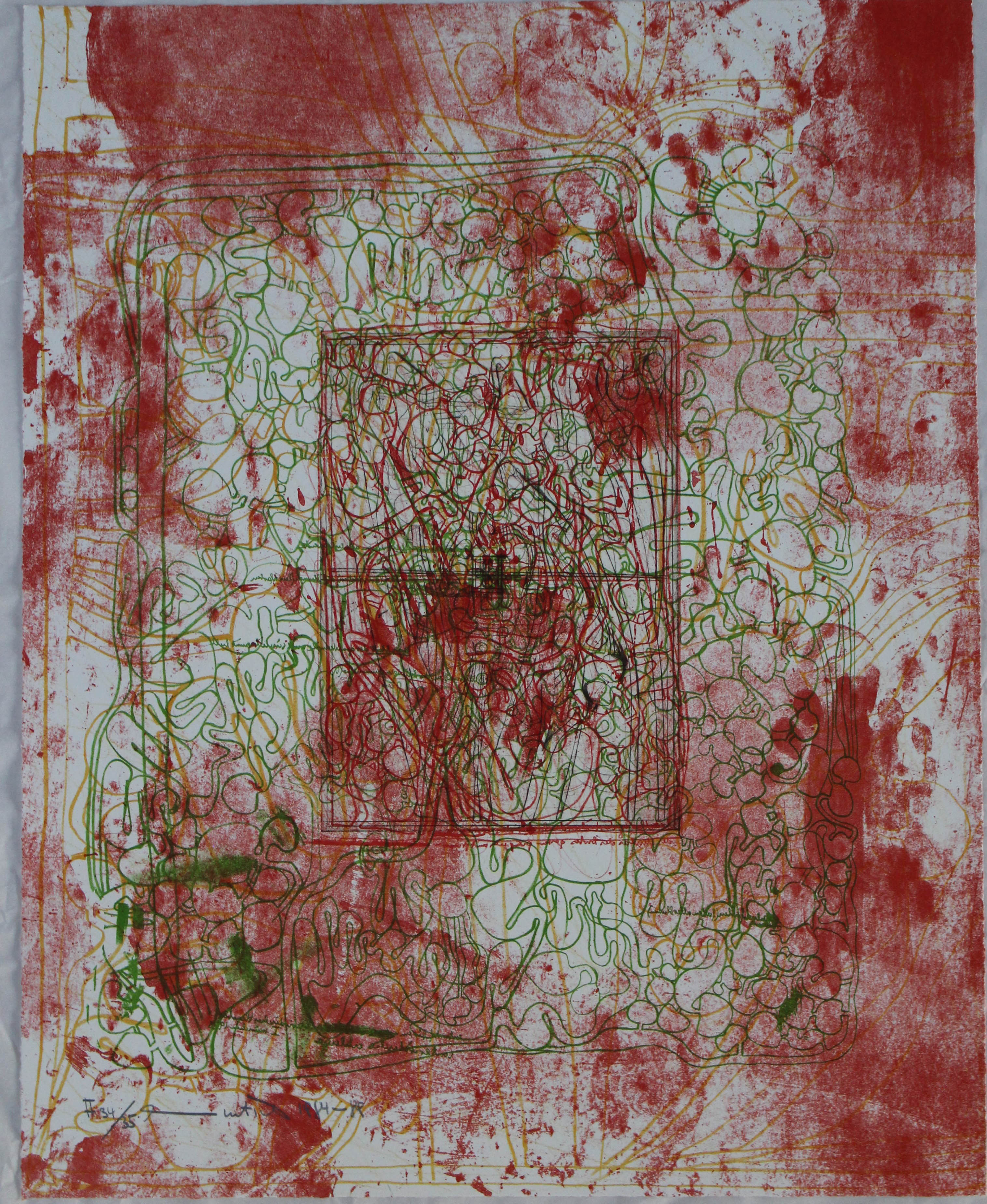 (Portfolio II n.2) Litograph in orange, green, light green, olive green and two shades of red, etching in red, corpo umano (stampa) di Hermann Nitsch - ambito viennese (XX sec)