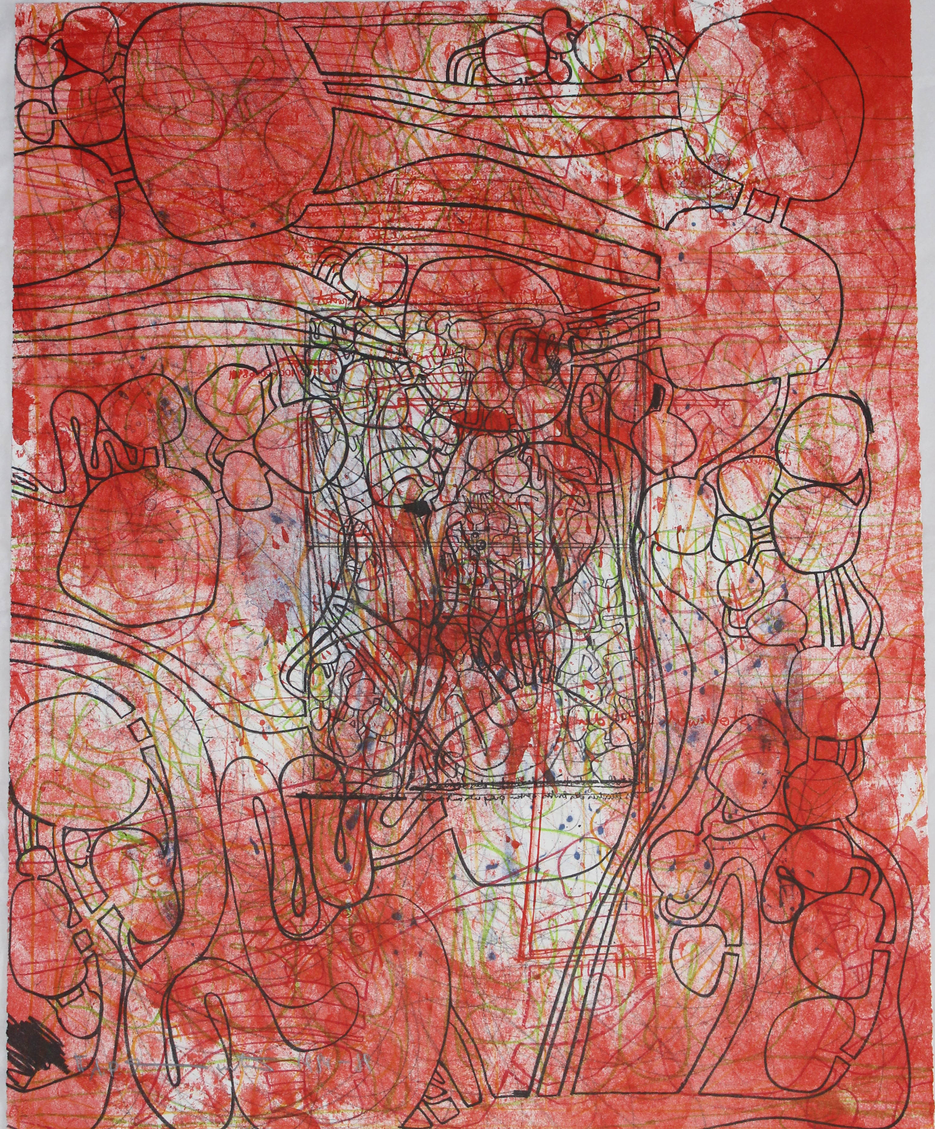 (Portfolio II n.4) Litograph in Indian yellow, burgundy, light green, blue, two shades of red and two shades of black, Corpo umano (stampa) di Hermann Nitsch - ambito viennese (XX sec)