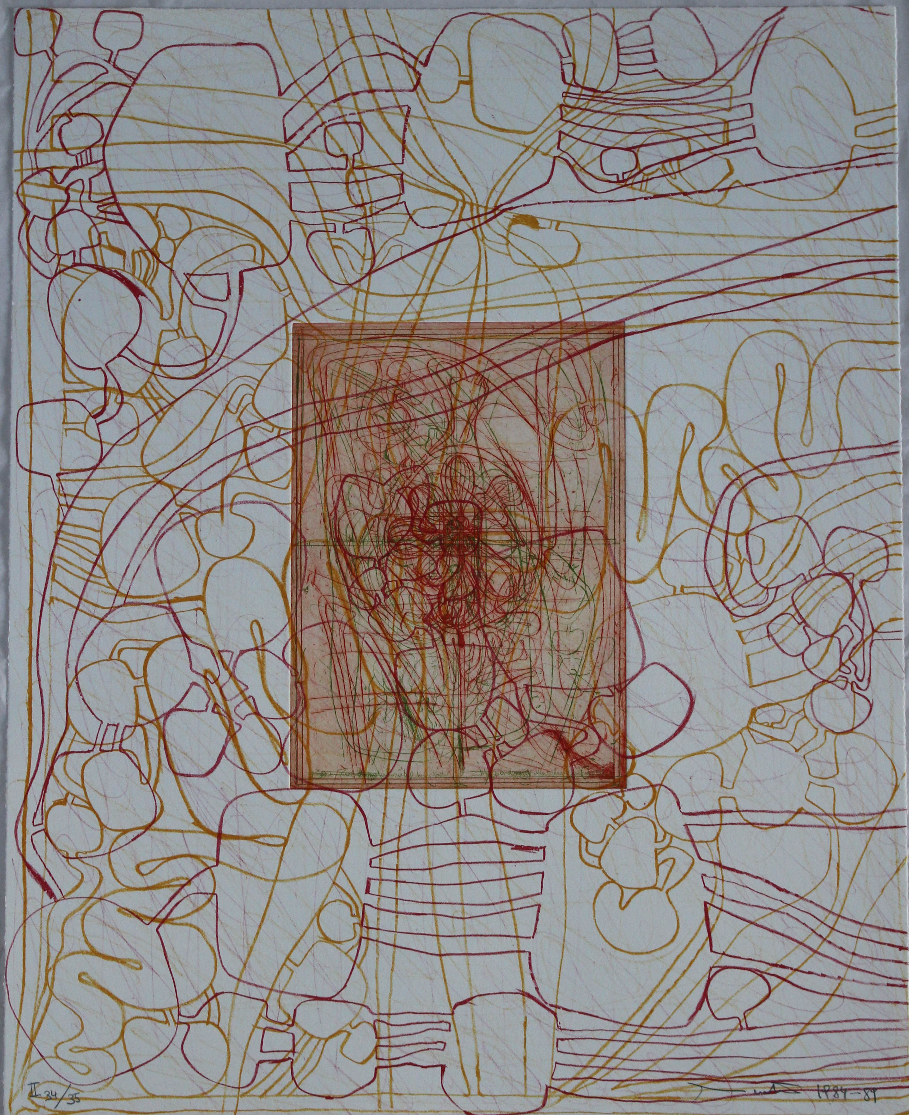 (Portfolio II n.13) Litograph in Indian yellow and burgundy, etching in red and green, Corpo umano (stampa) di Hermann Nitsch - ambito viennese (XX sec)