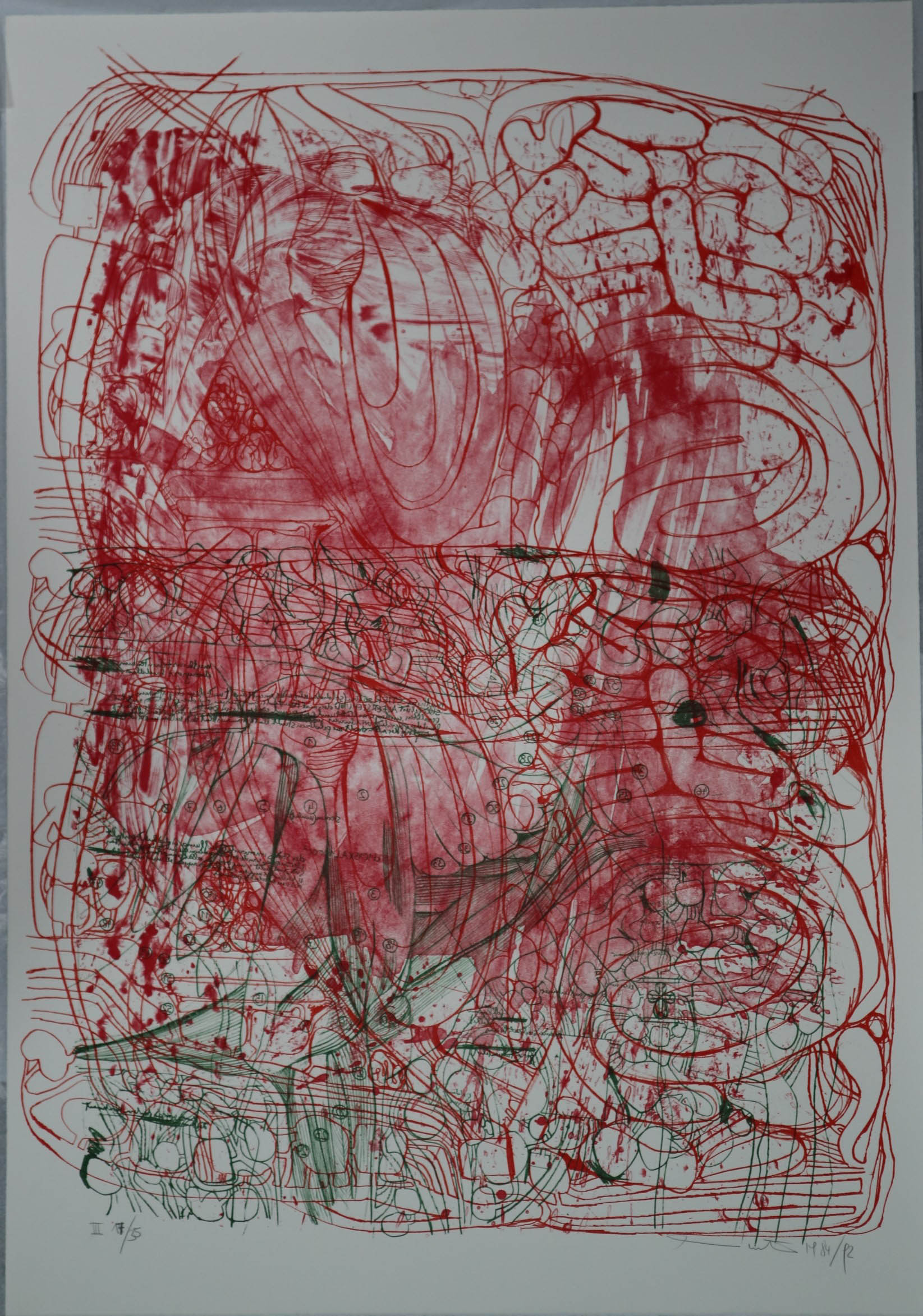 (Portfolio III n.16) Litograph in green, burgundy and two shades of red, Corpo umano (stampa) di Hermann Nitsch - ambito viennese (XX sec)