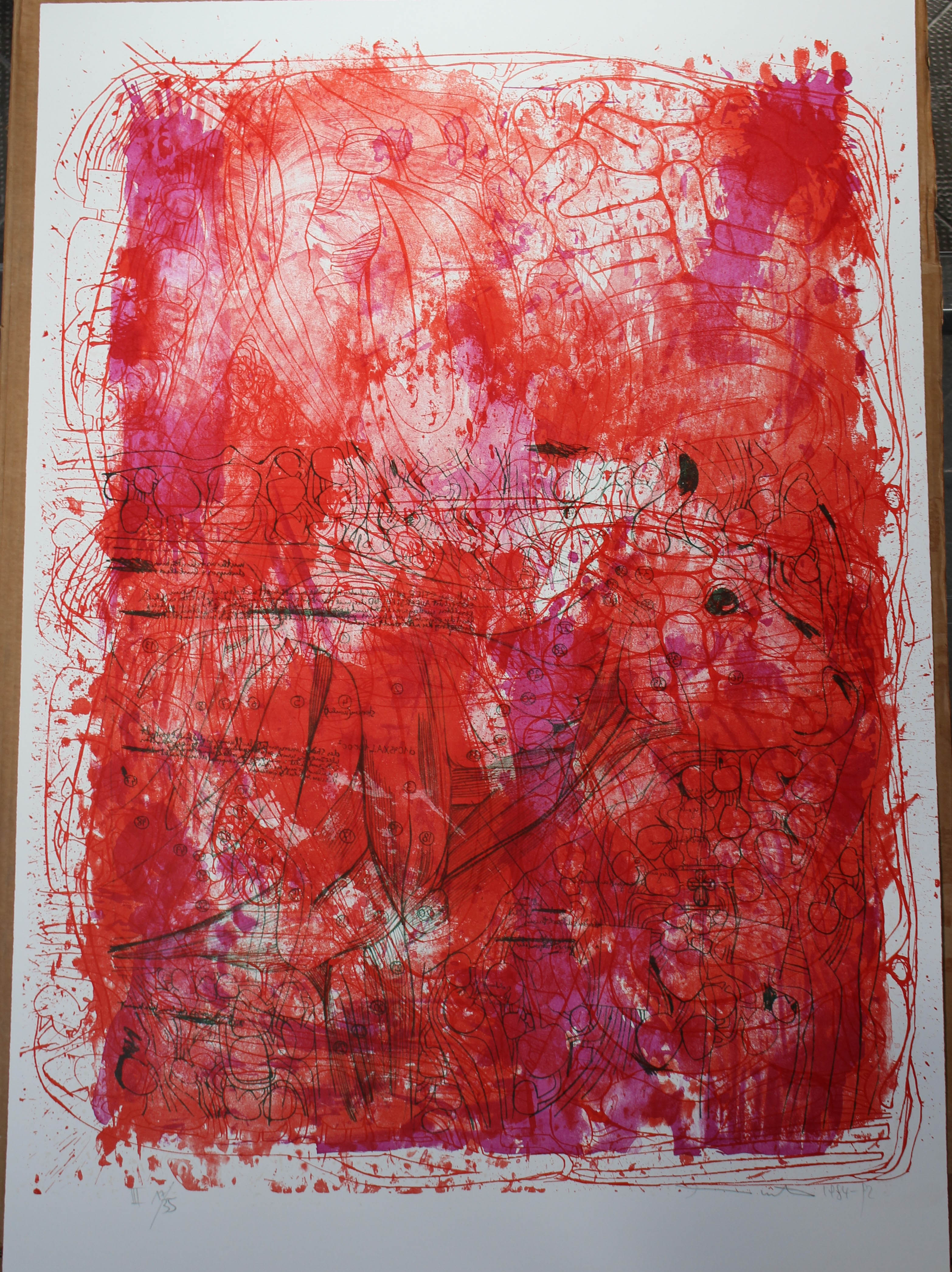 (Portfolio III n.19) Litograph in green, burgundy, violet-red and three shades of red, Corpo umano (stampa) di Hermann Nitsch - ambito viennese (XX sec)