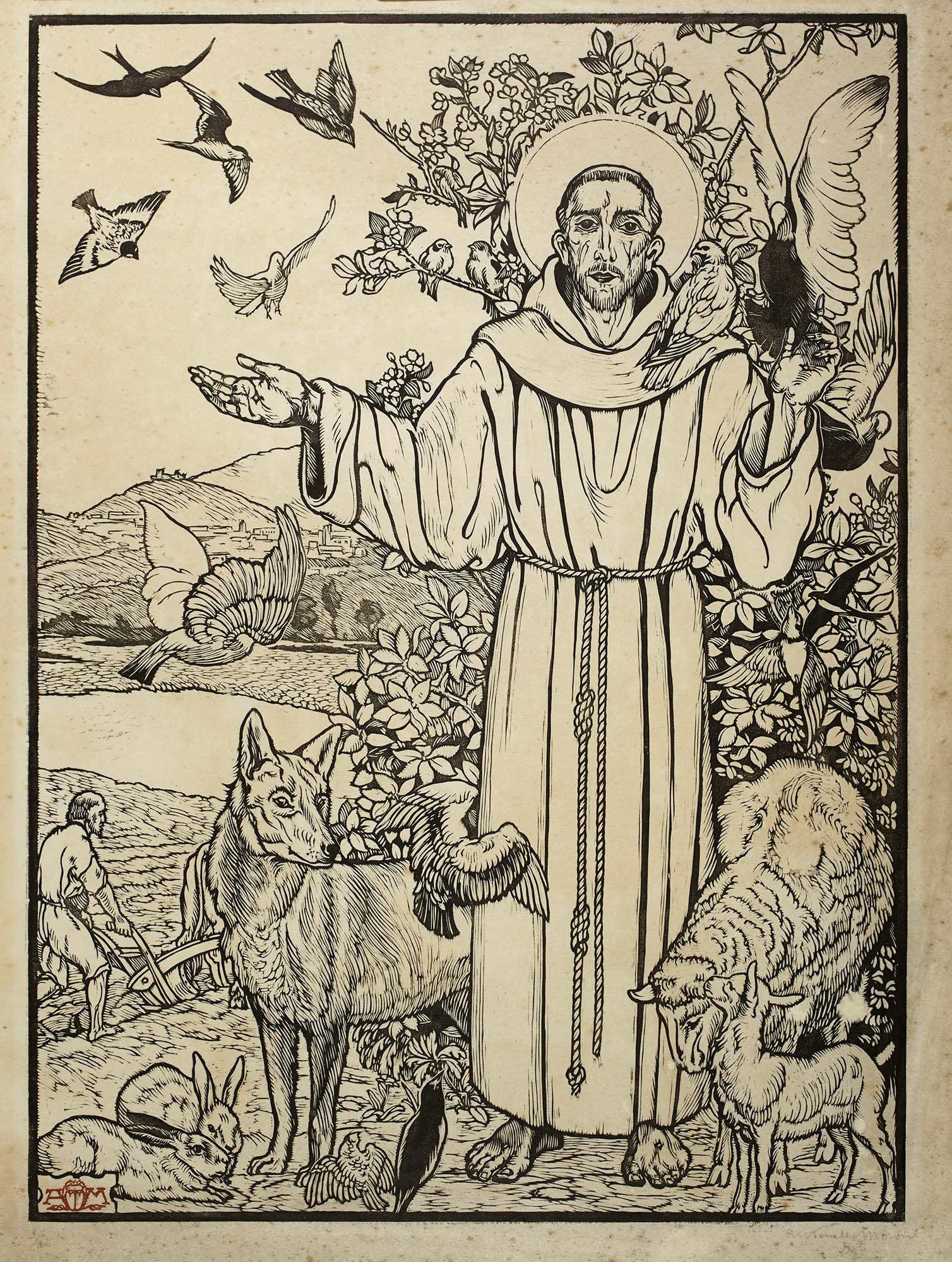 San Francesco, San Francesco predica agli animali (stampa) di Moroni Antonello (prima metà XX)