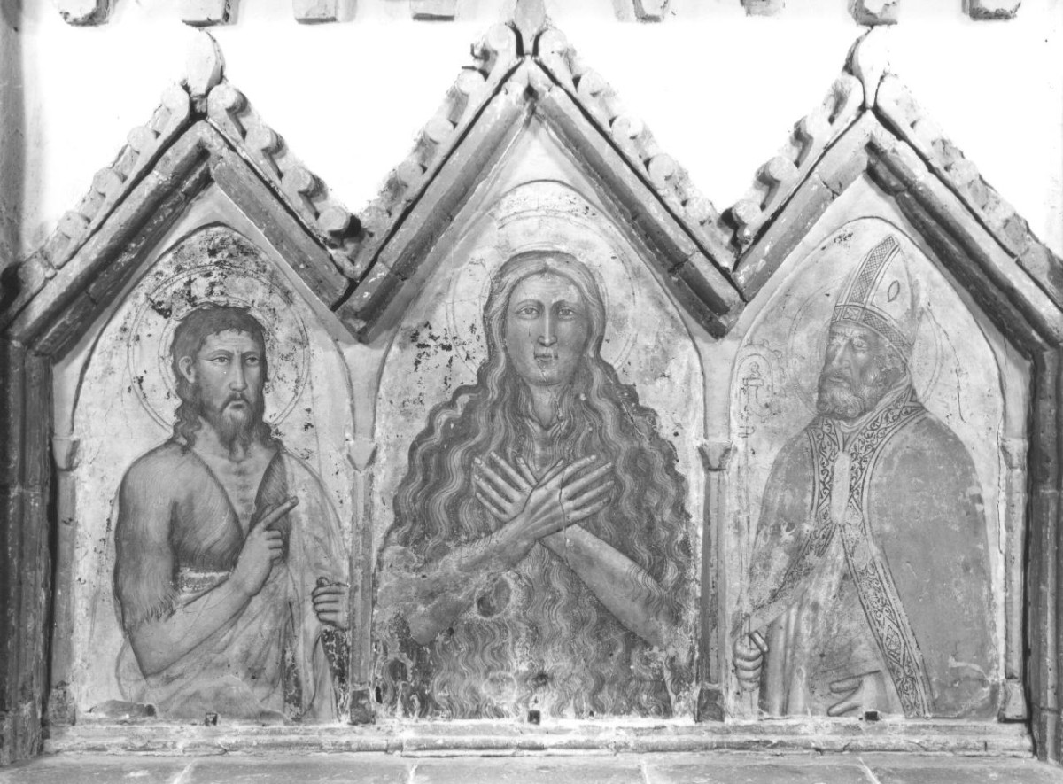 Santa Maria Maddalena tra San Giovanni Battista e San Martino (trittico) di Maestro di San Martino a Mensola (sec. XIV)