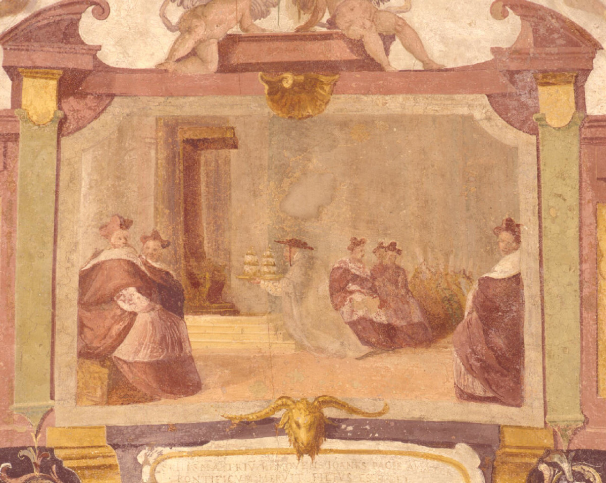 beato Giovanni Dominici pone le due tiare sulla cattedra romana (dipinto, elemento d'insieme) di Buti Lodovico (sec. XVI)