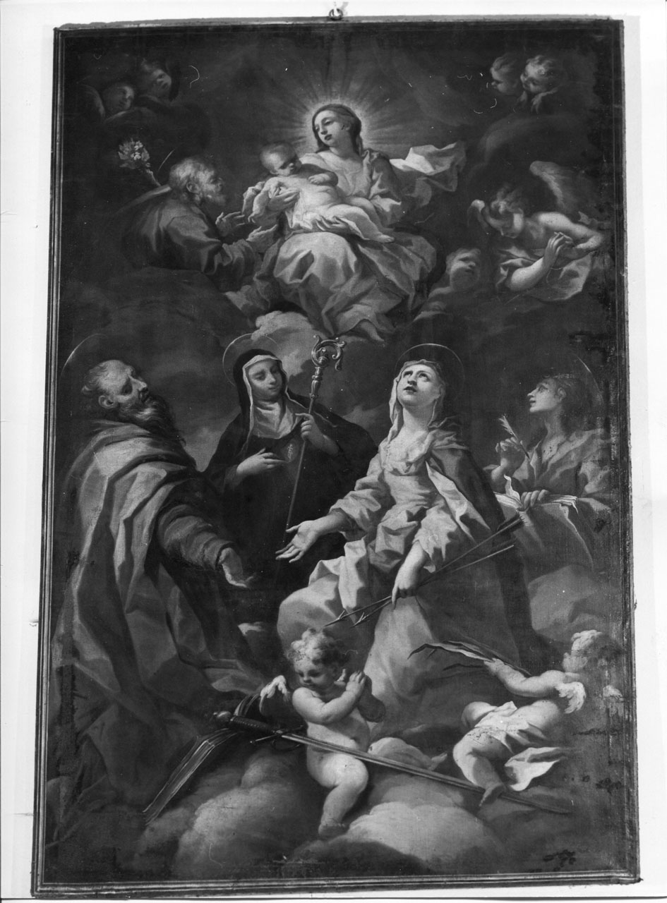 Sacra Famiglia, angeli e quattro Santi (dipinto) - ambito fiorentino (sec. XVIII)