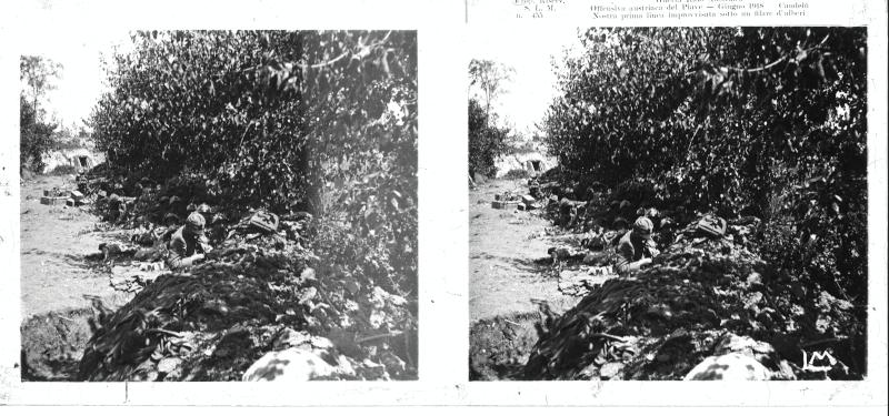Maserada sul Piave - Candelù - soldati italiani - prime linee - 1918 (positivo) di Marzocchi, Luigi (primo quarto XX)