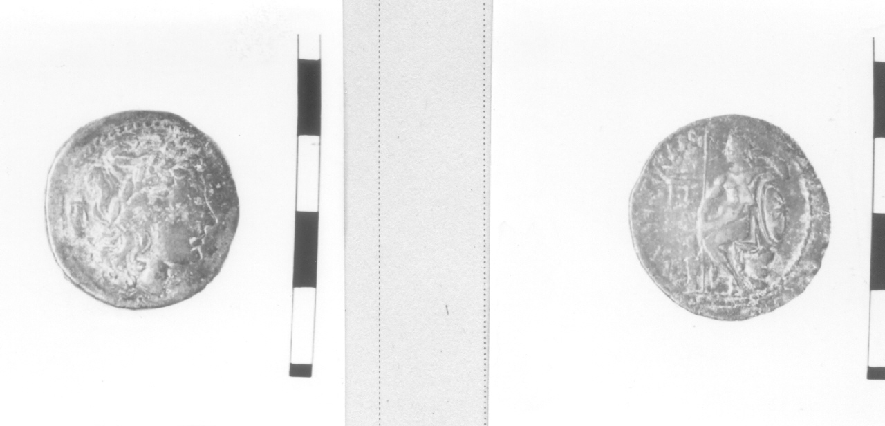 Testa di Apollo/ Guerriero seduto (moneta, pentoncia) (III sec. a.C)