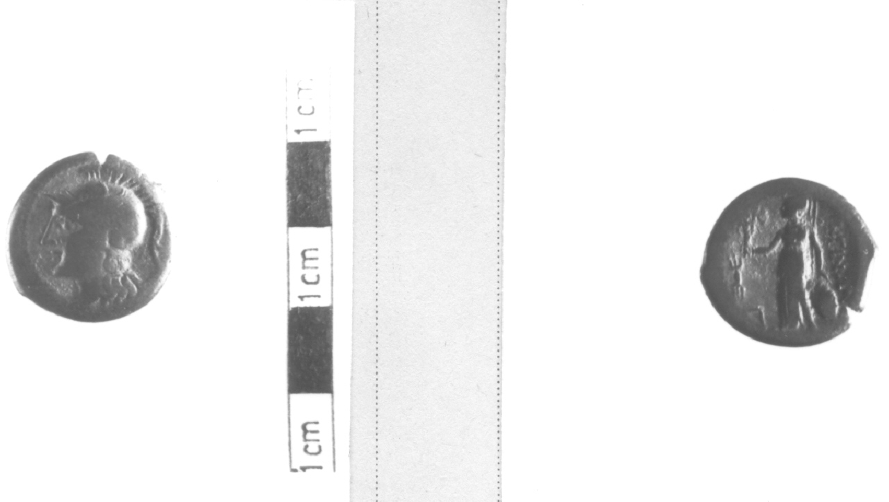 Testa di Atena / Atena con scudo, lancia e piccola Nike (moneta, pentoncia) (III-I sec. a.C)