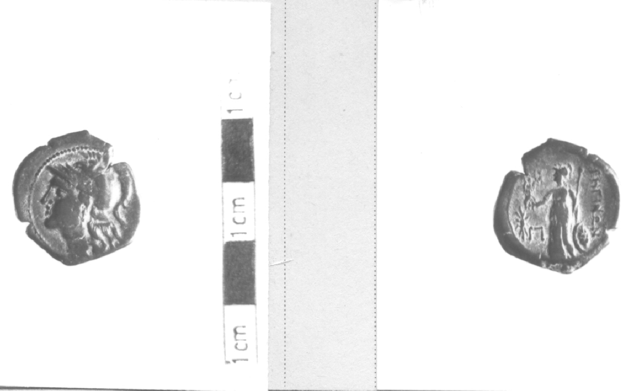 Testa di Atena / Atena con scudo, lancia e piccola Nike (moneta, pentoncia) (III-I sec. a.C)