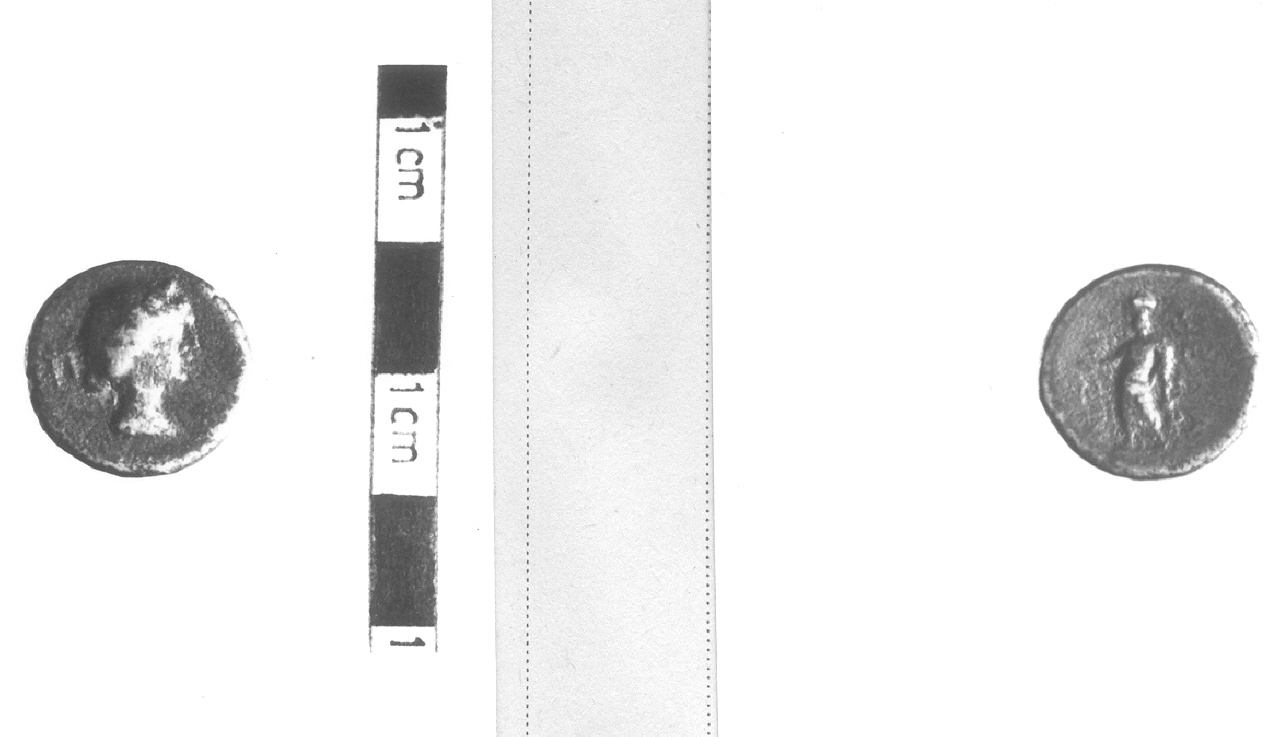 Busto di Apollo / Asclepio stante a sinistra (moneta, pentoncia) (III sec. a.C)
