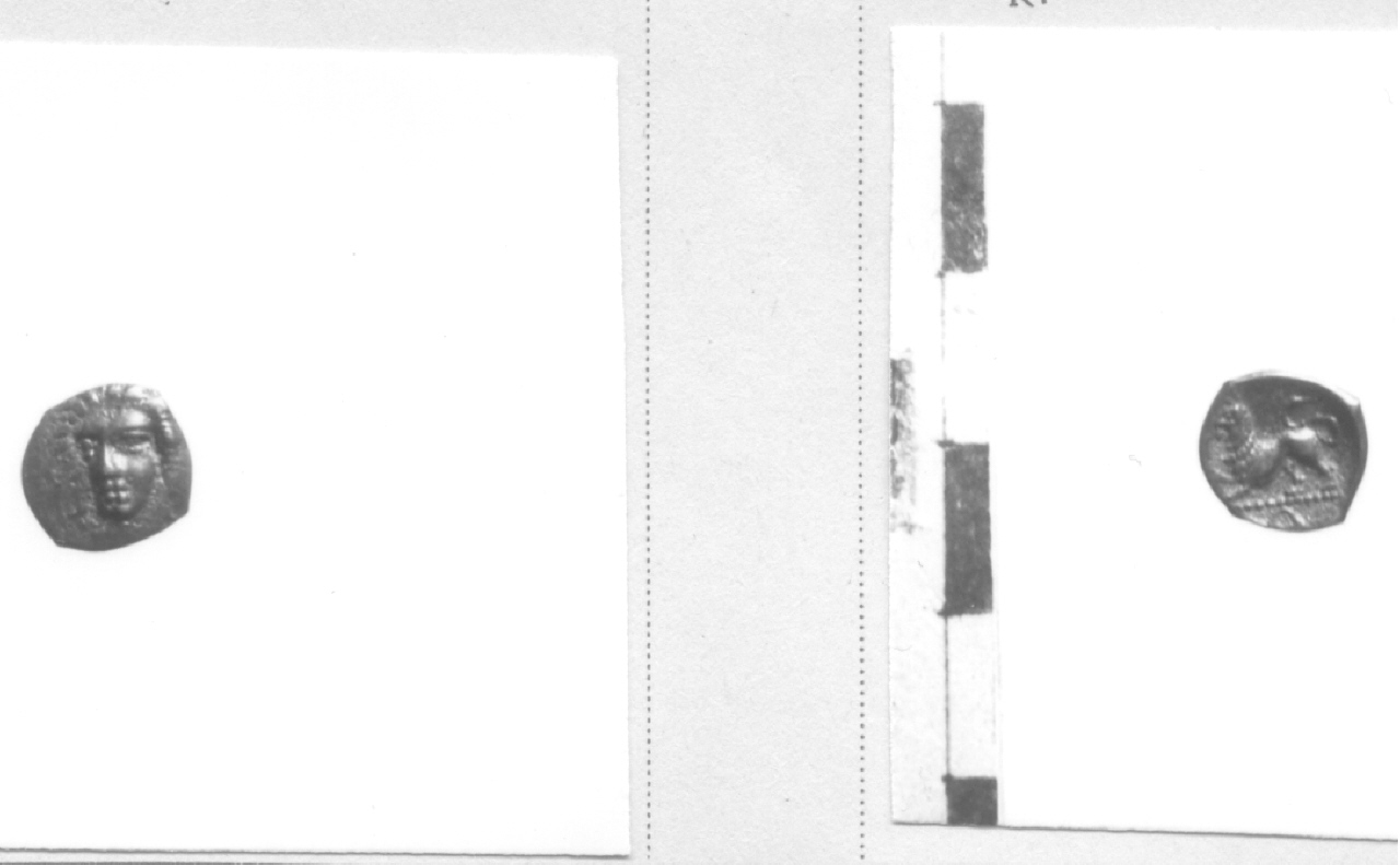 Testa di tre quarti / leone (moneta, obolo) (IV sec. a. C)