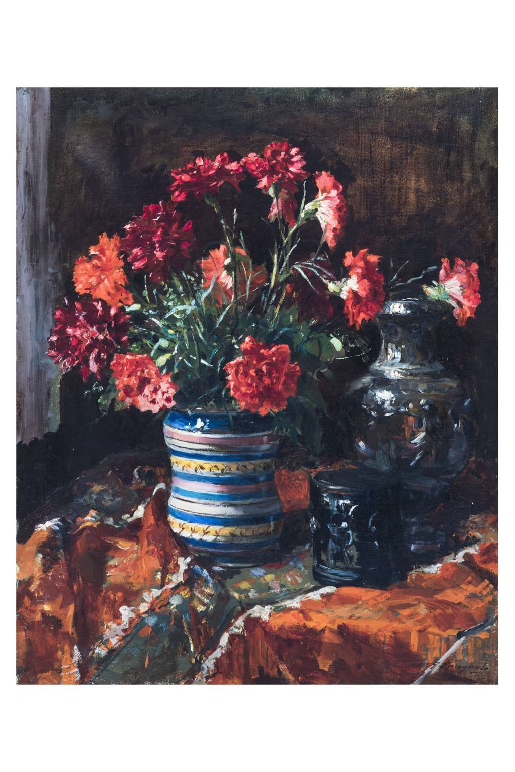 Garofani in vaso, fiori in vaso (dipinto, opera isolata) di Spagnuolo, Gaetano (attribuito) - ambito Italia meridionale (secondo quarto XX)
