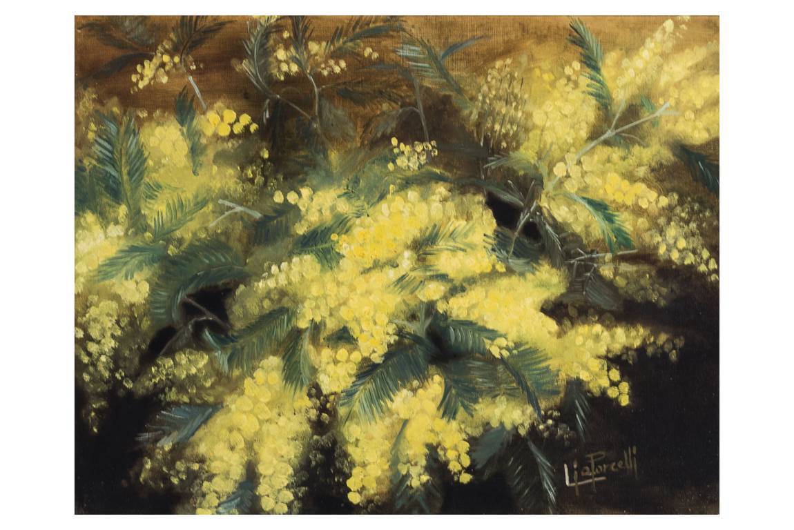 Mimose, Fiori (dipinto, opera isolata) di Porcelli, Lia (attribuito) - ambito campano (ultimo quarto XX)