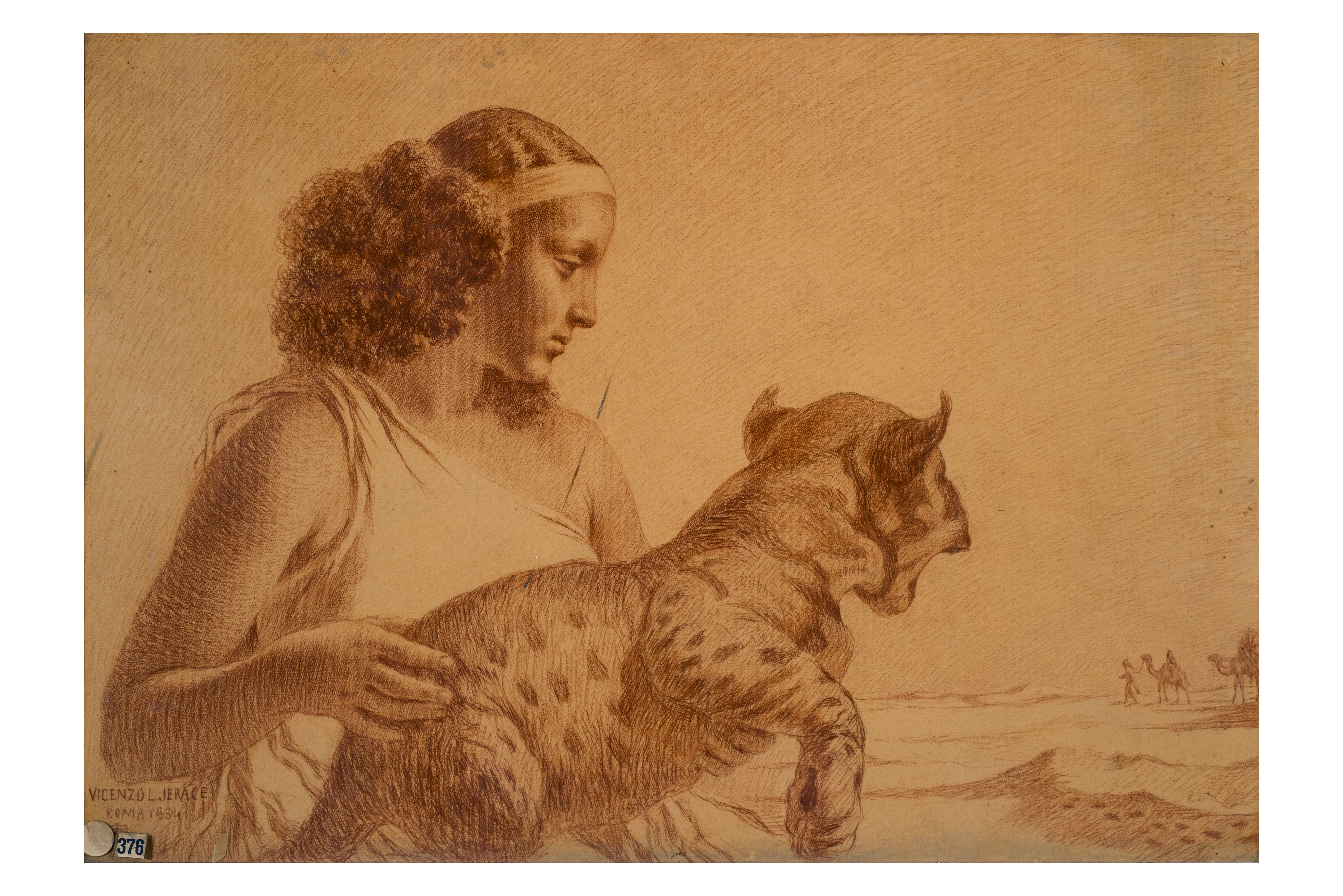 Tripolina, Studio di donna con gattopardo (dipinto, opera isolata) di Vincenzo Jerace (attribuito) - ambito Italia meridionale (prima metà XX)