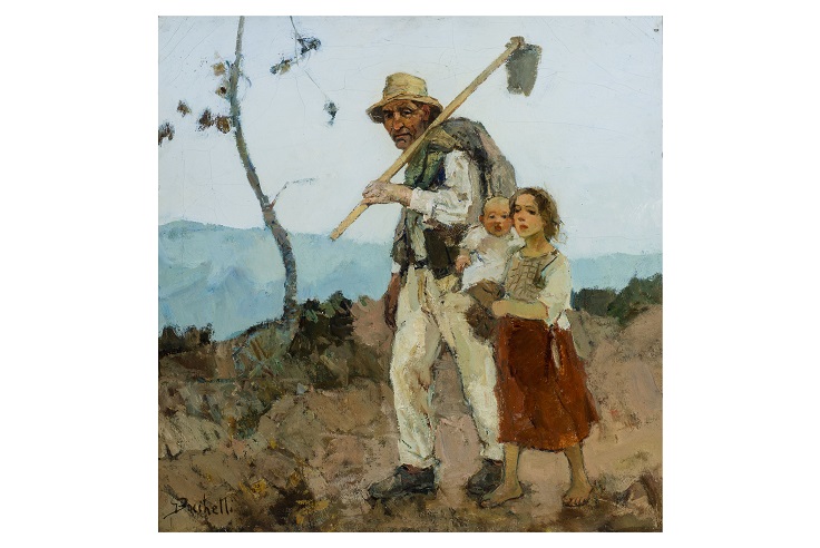 Contadino con figli, Figura di uomo con bambini (dipinto, opera isolata) di Gaetano Bocchetti (attribuito) - ambito Italia meridionale (prima metà XX)