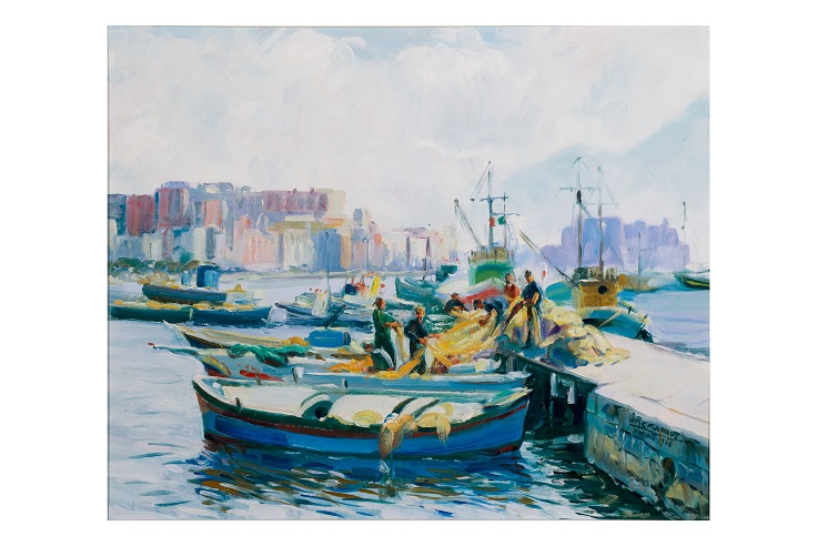 Porticciolo - Mergellina, Peasaggio (dipinto, opera isolata) di Josè Manaut Viglietti (attribuito) - ambito Italia meridionale (seconda metà XX)