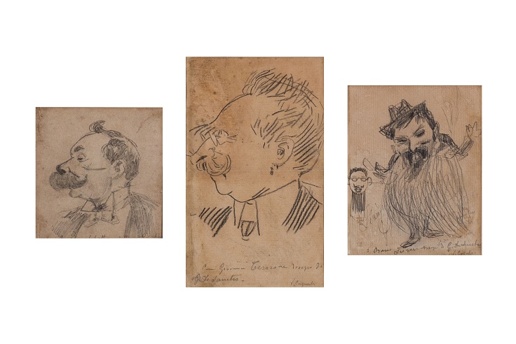 Composizione di tre caricature, Caricature (dipinto, opera isolata) di De Sanctis, Giuseppe (attribuito) - ambito Italia meridionale (ultimo quarto XIX)