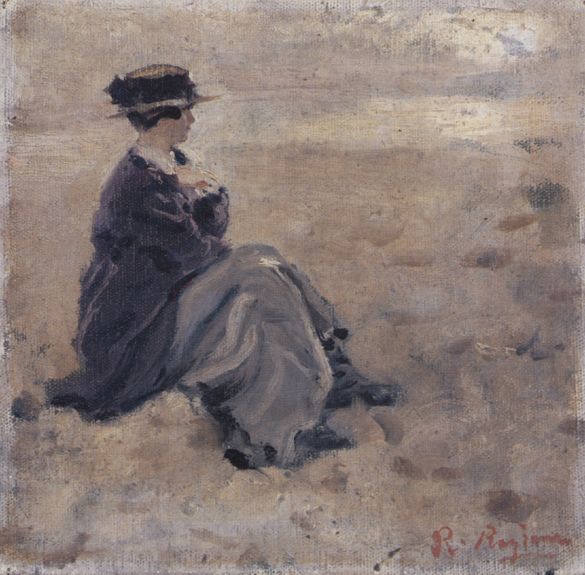 Donna sul prato (Donna sulla spiaggia di Trouville), Figura di donna (dipinto, opera isolata) di Ragione, Raffaele (attribuito) - ambito Italia meridionale (seconda metà XIX)