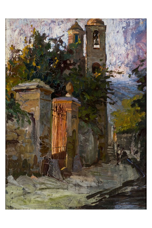 Paesaggio con campanile, Paesaggio (dipinto, opera isolata) di Barone, Carlo Adolfo (attribuito) - ambito Italia meridionale (prima metà XX)