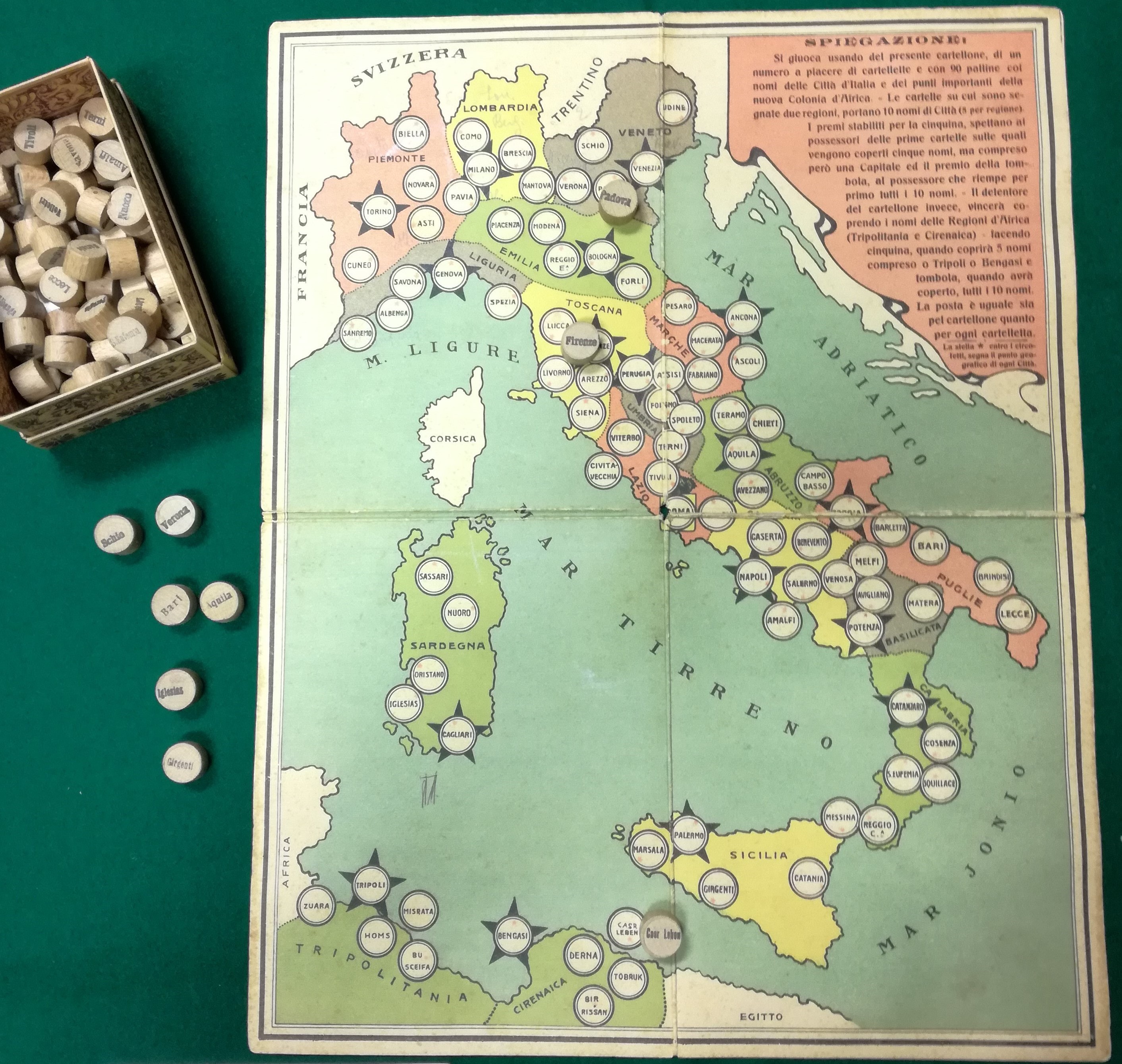 gioco della tombola, geografica d'Italia, accessori ludici - area scolastica (tra il 1912 e il 1915)