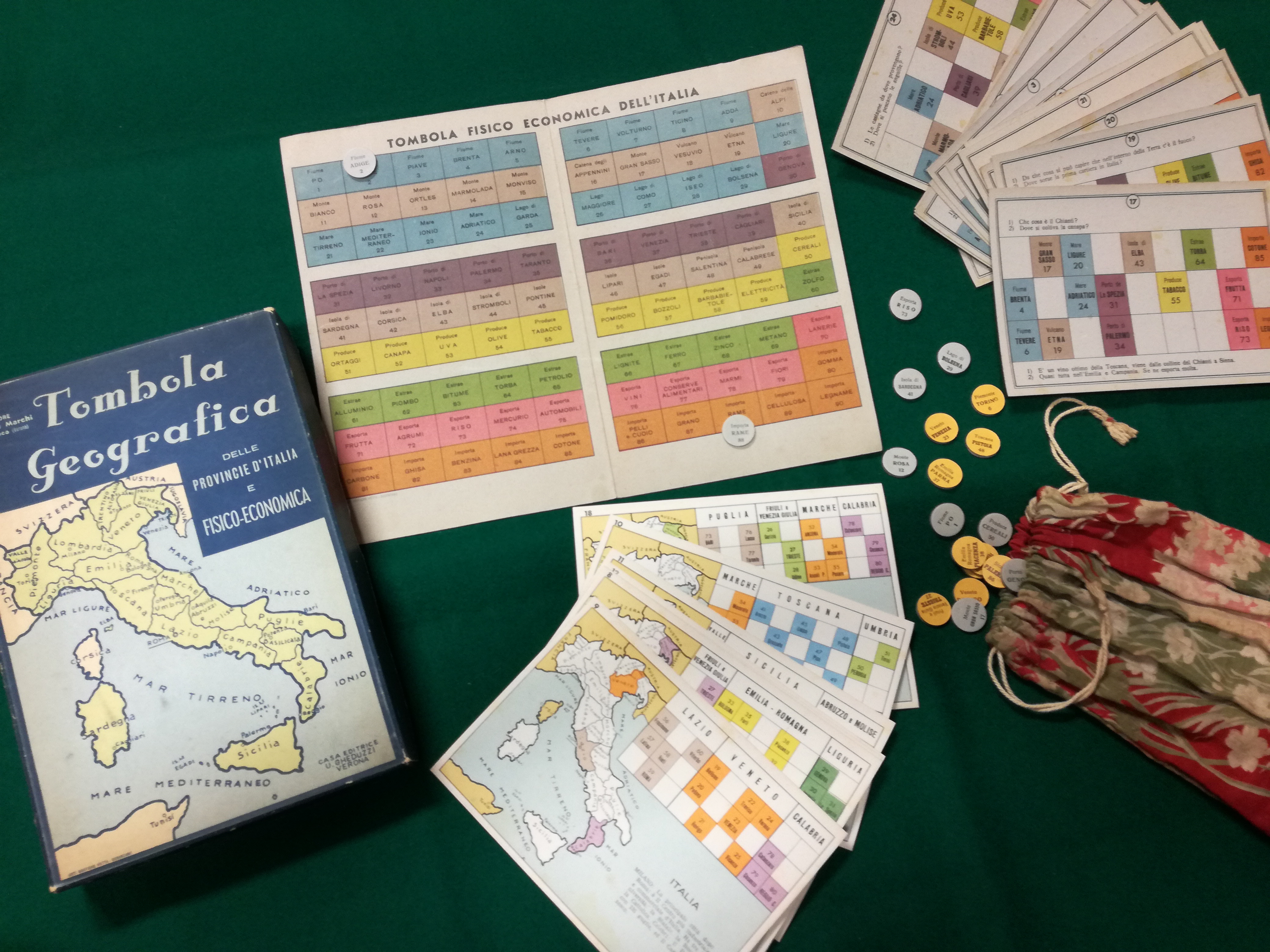 gioco della tombola, geografica delle provincie d'Italia, accessori ludici - ambito scolastico (anni '60 del XX secolo)