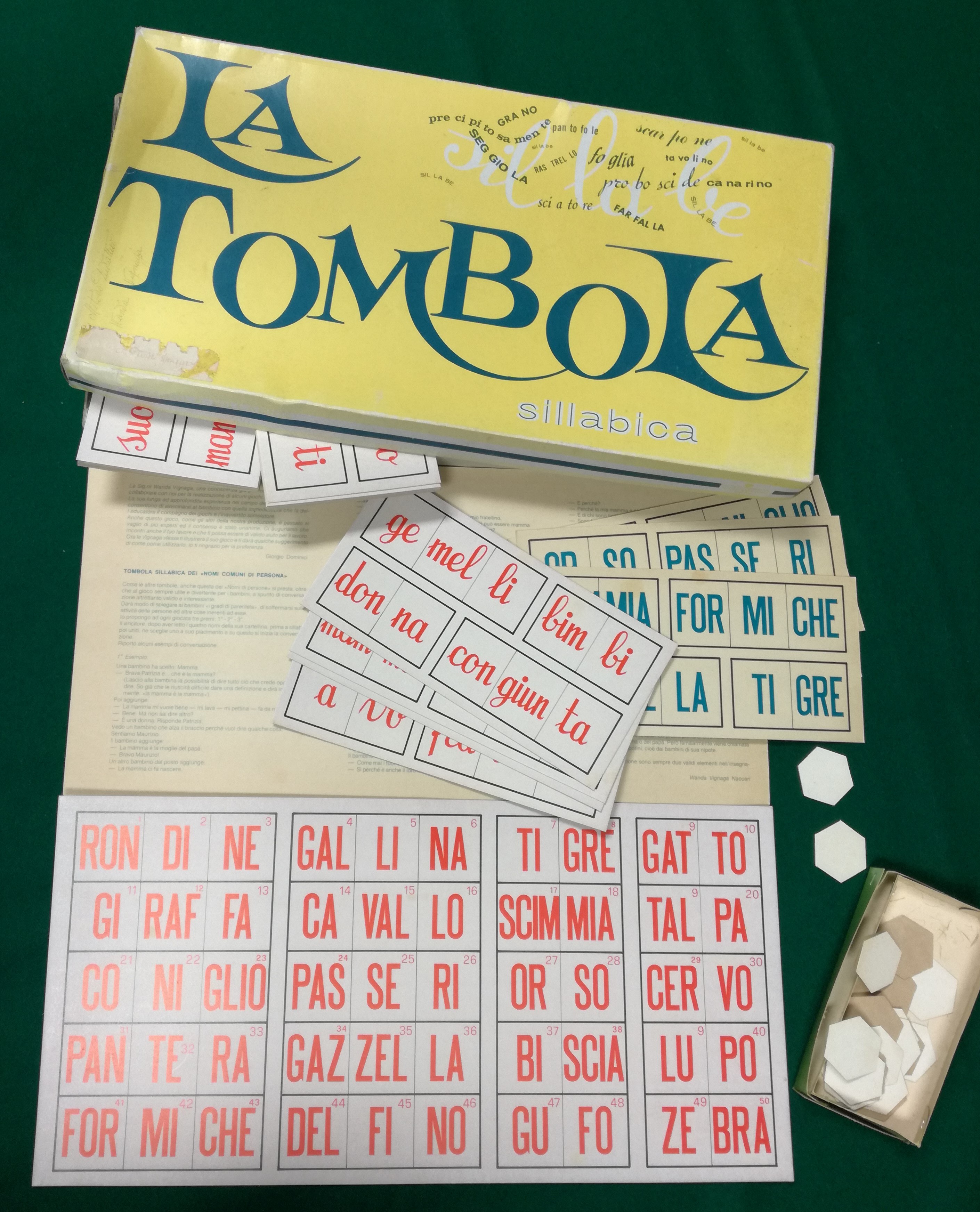 gioco della tombola, sillabica dei nomi comuni, accessori ludici - ambito scolastico (anni '70 del XX secolo)