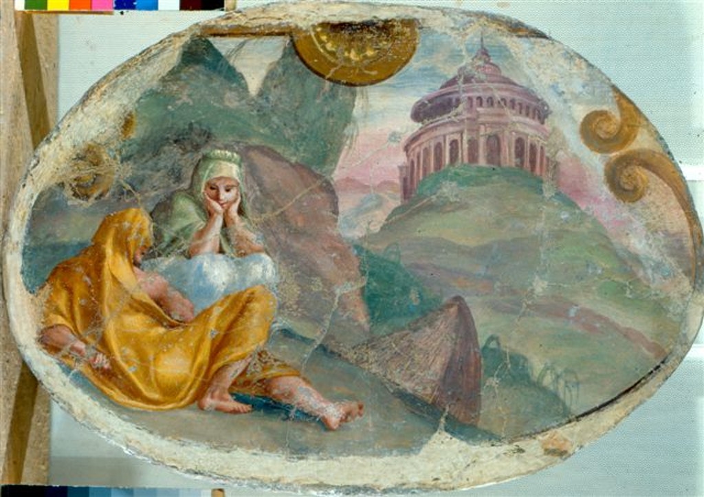 Deucalione e Pirra davanti al tempio di Giove, Deucalione e Pirra davanti al tempio di Giove (dipinto - dipinto murale, ciclo) di Orsi Lelio (attribuito) - ambito emiliano (terzo quarto XVI)