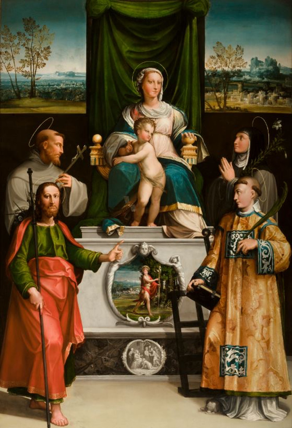 Madonna in trono col Bambino e i santi Francesco, Chiara, Giacomo maggiore e Lorenzo, Madonna in trono col Bambino e i santi Francesco, Chiara, Giacomo maggiore e Lorenzo (dipinto - olio su tavola) di Nicolò dell’Abate (attribuito) - ambito modenese (secondo quarto XVI)