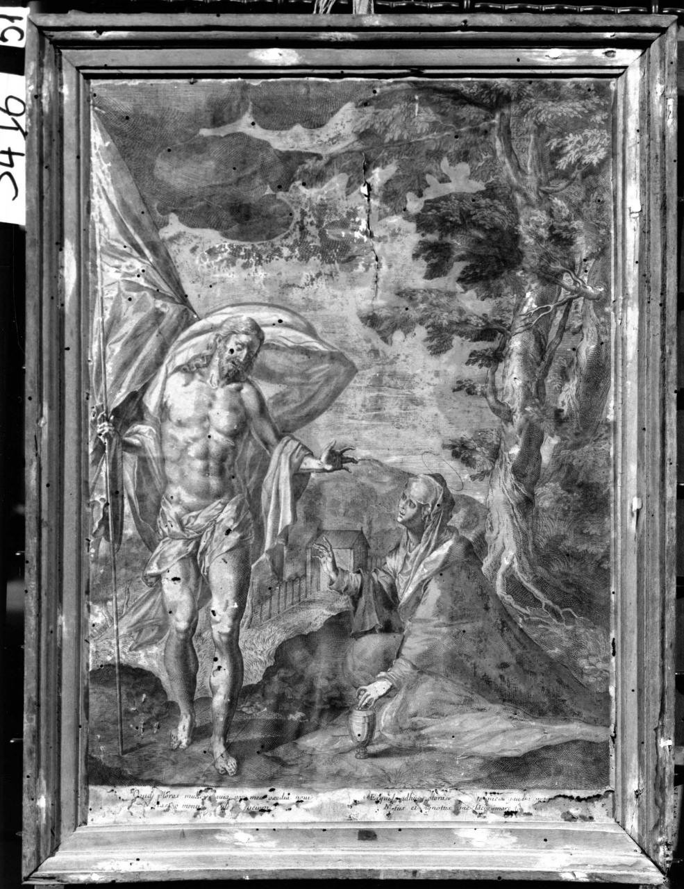 apparizione di Cristo risorto a Santa Maria Maddalena (stampa colorata a mano) - ambito fiammingo (fine sec. XVI)