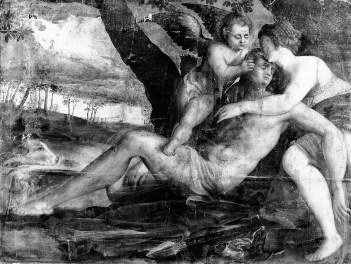 Venere e Cupido piangono Adone morente (dipinto) di Bonaccorsi Pietro detto Perin del Vaga (cerchia) (sec. XVI)