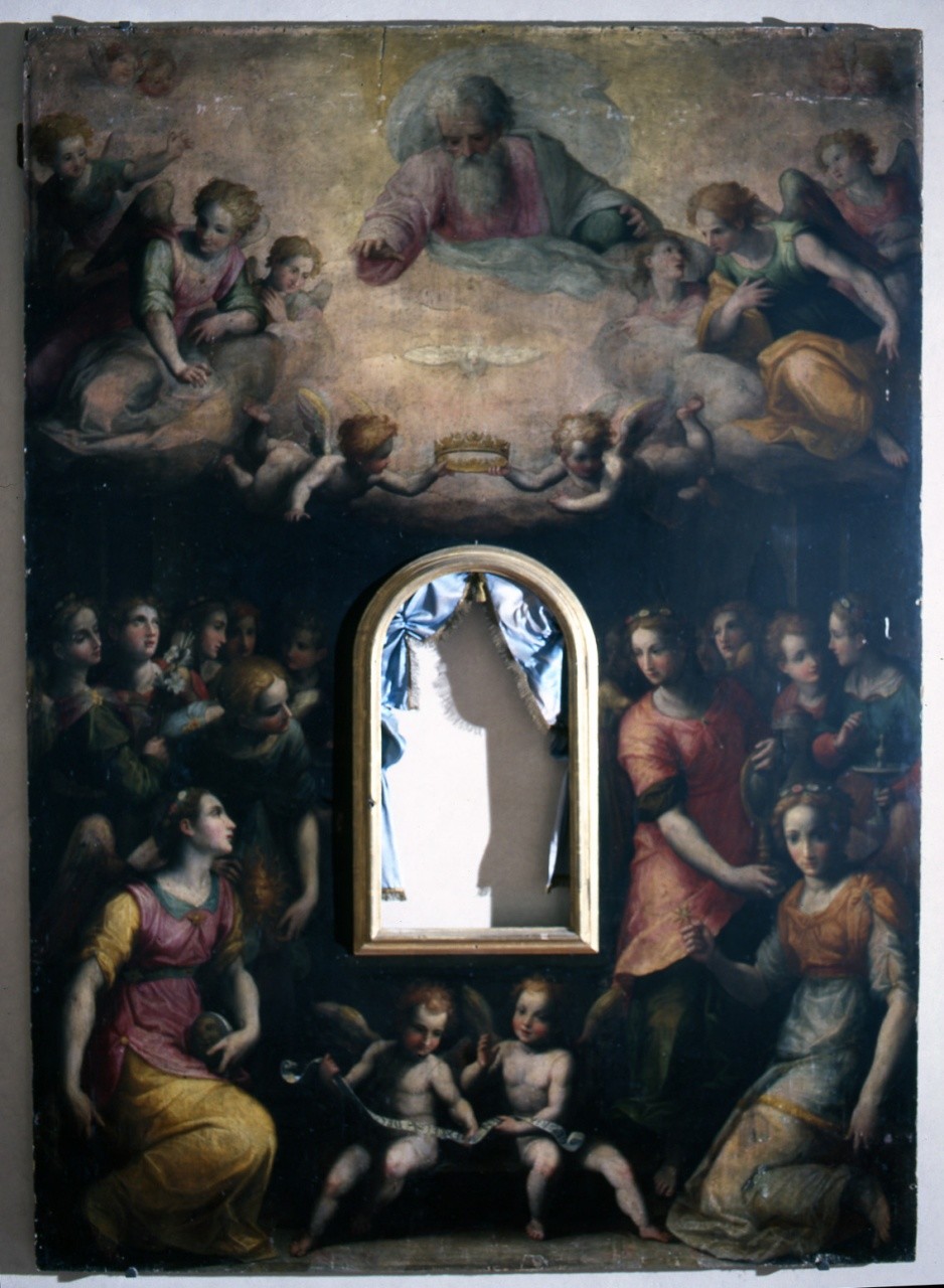 simboli dell'Immacolata Concezione con gloria di angeli (dipinto) di Balducci Giovanni (ultimo quarto sec. XVI)