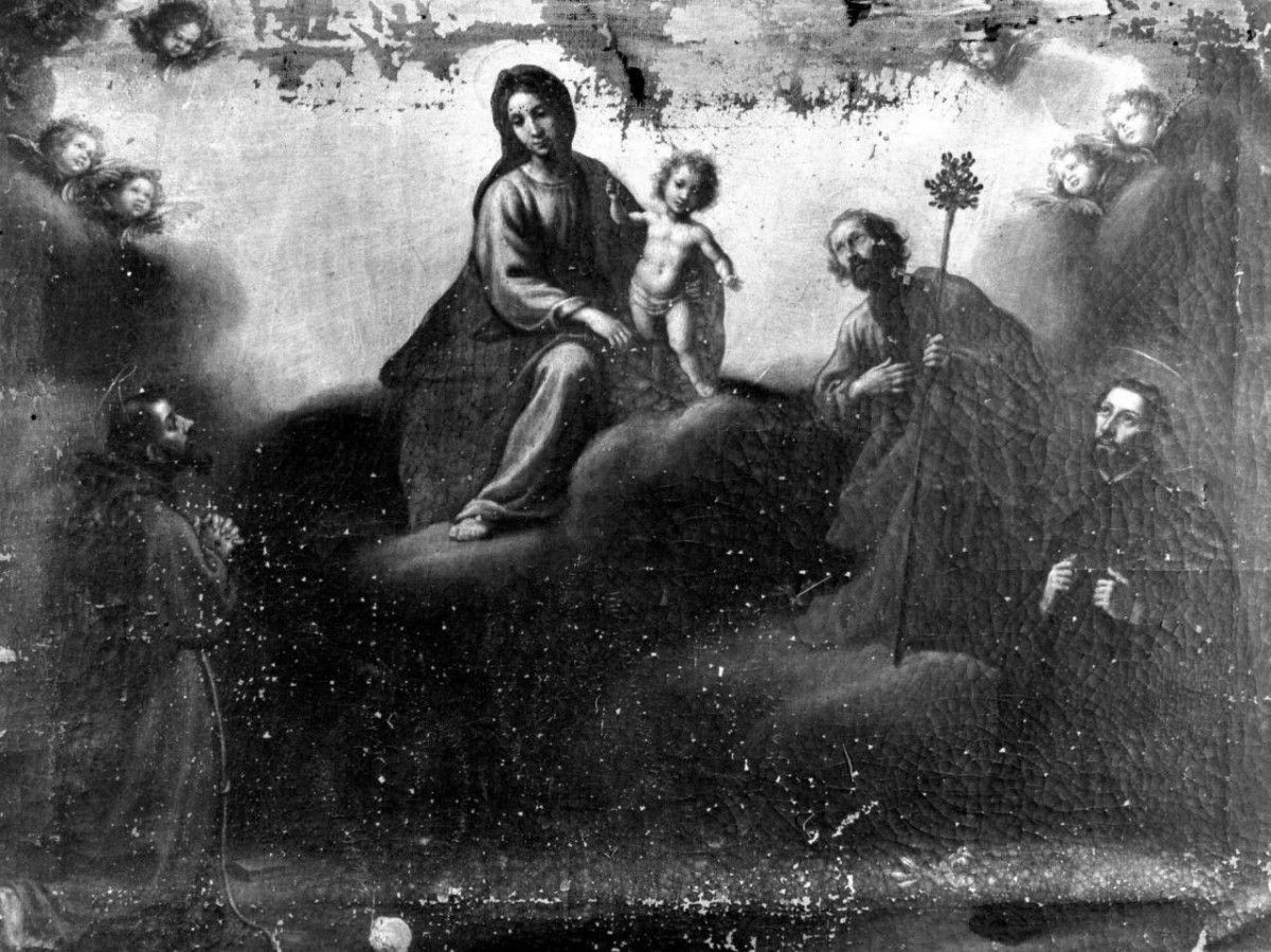 Sacra Famiglia con San Francesco e San Filippo Neri (dipinto) di Curradi Francesco (sec. XVII)