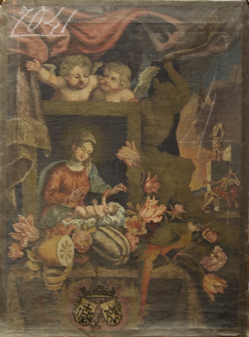 Madonna in adorazione del Bambino e natura morta (dipinto) - ambito italiano (sec. XVIII)