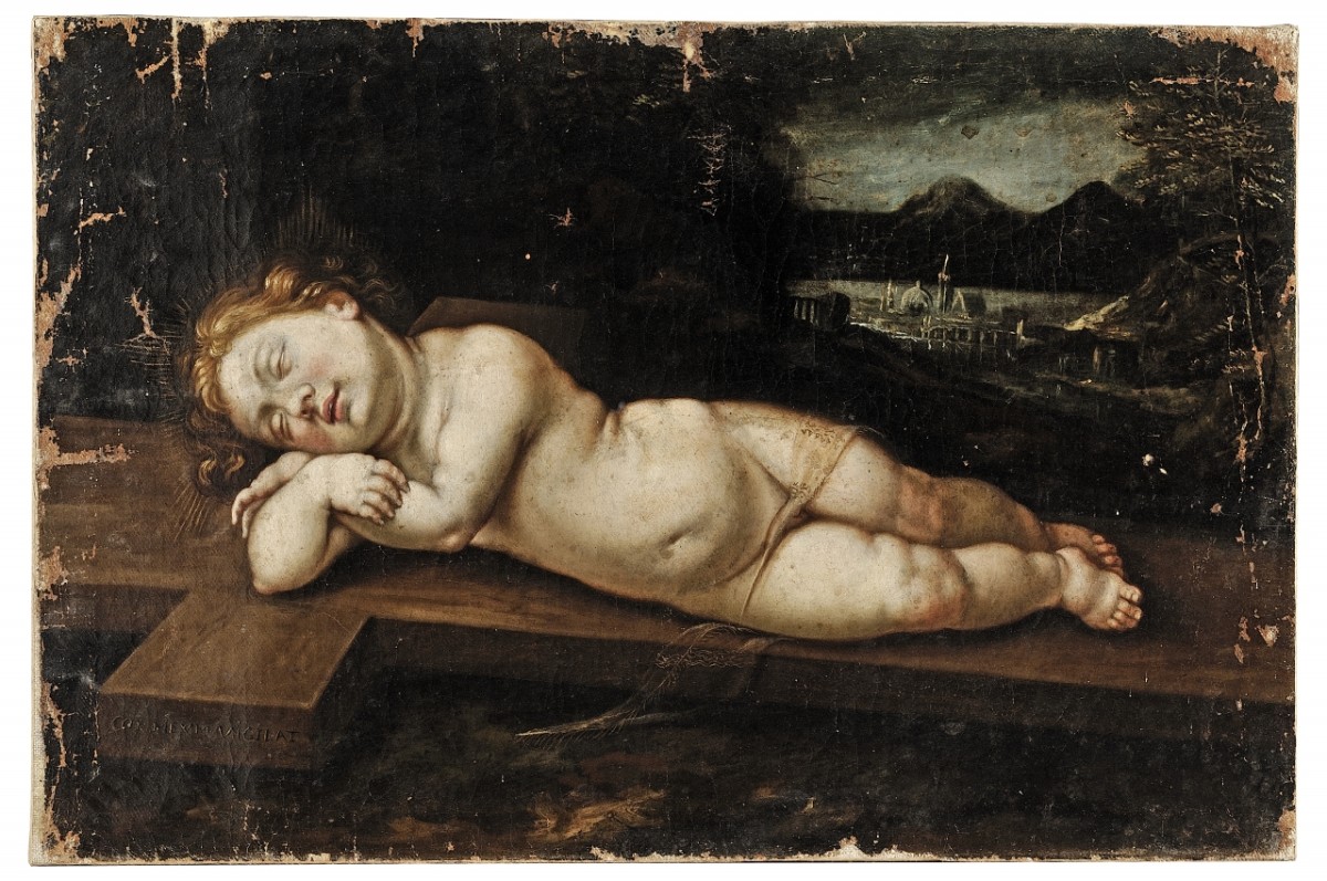 bambino addormentato sulla croce (dipinto) - ambito fiorentino (metà sec. XVII)