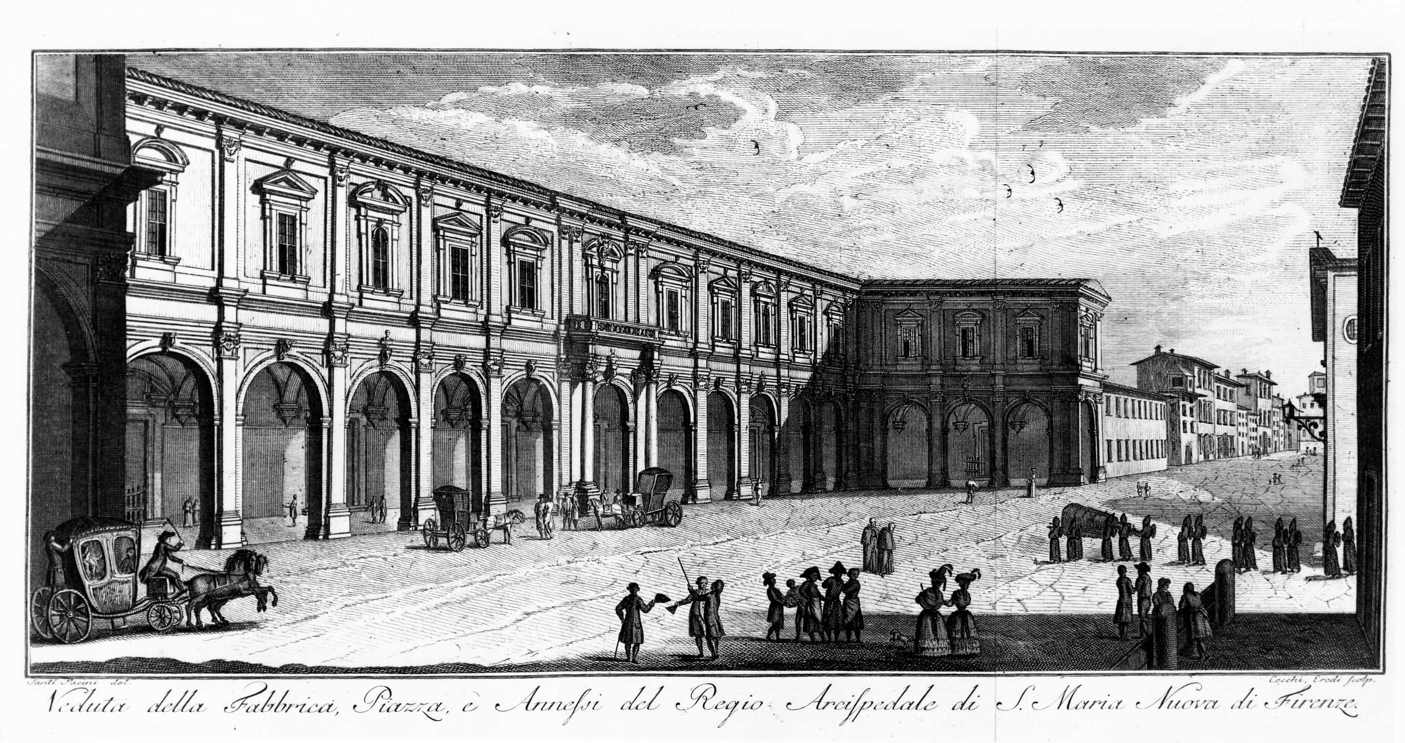 Veduta della Fabbrica, Piazza e Annessi del Regio Arcispedale di S. Maria Nuova di Firenze, Facciata dell'Ospedale di S. Maria Nuova (stampa) di Pacini Sante, Eredi Cecchi (seconda metà sec. XVIII)