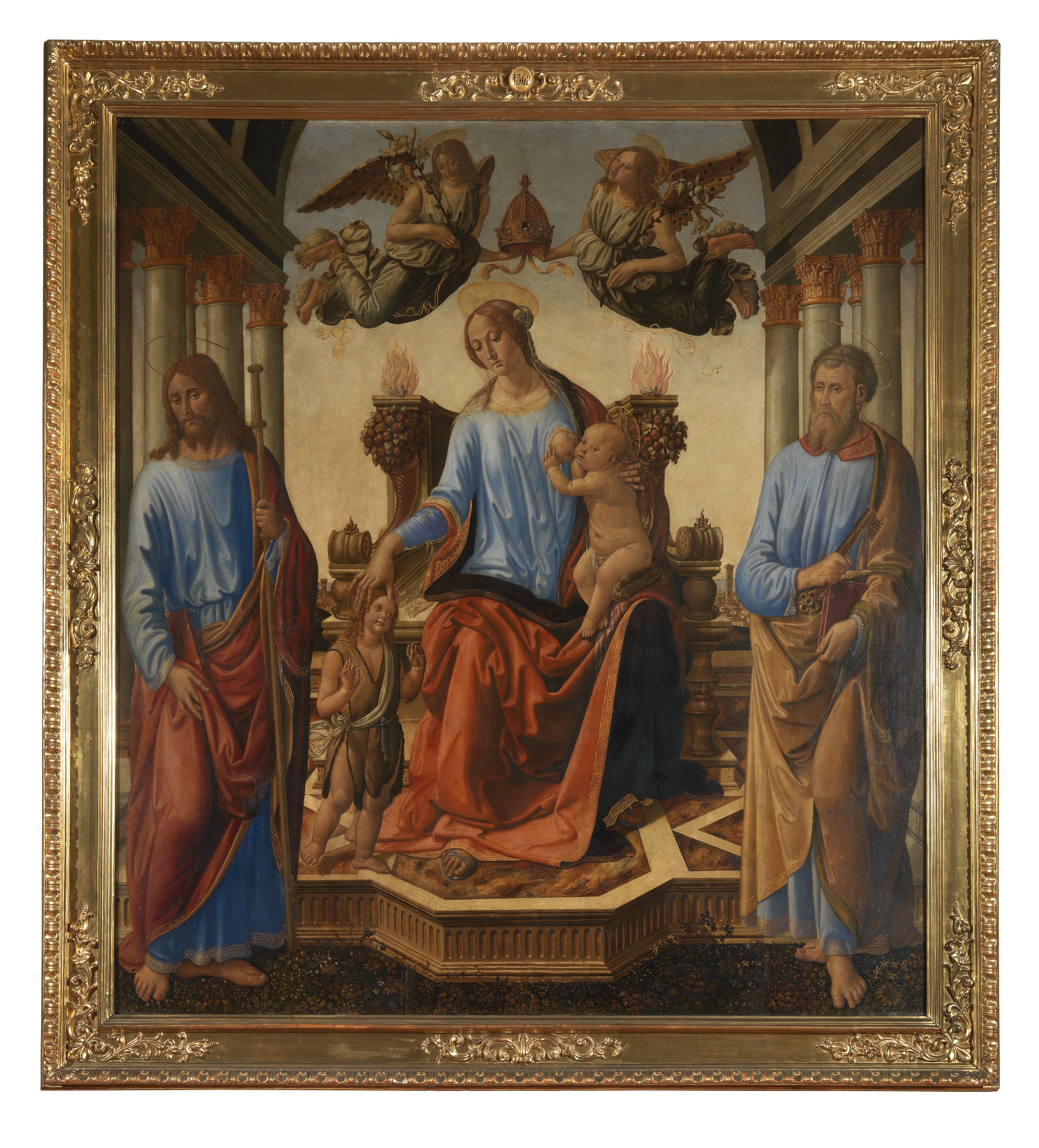 Madonna con Bambino in trono con San Giovannino tra San Giacomo il Maggiore e San Pietro (dipinto) di Rosselli Cosimo (sec. XV)