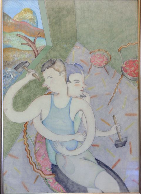 Figure virili con martello, figure maschili abbigliati anni '30 (disegno) di Dinci (sec. XX)