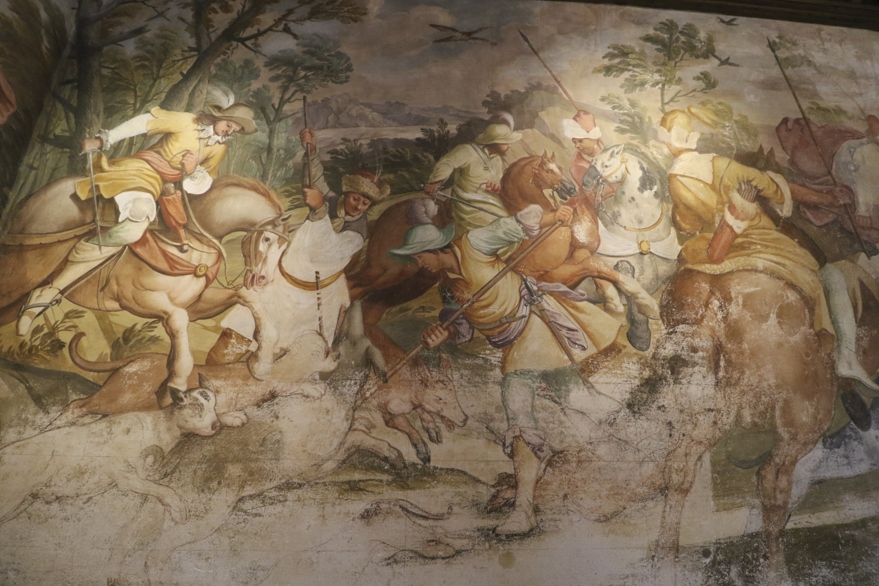 Caccia al cinghiale, scena di caccia (dipinto, elemento d'insieme) di Primon, Michele (attribuito) - ambito veneto (ultimo quarto XVII)