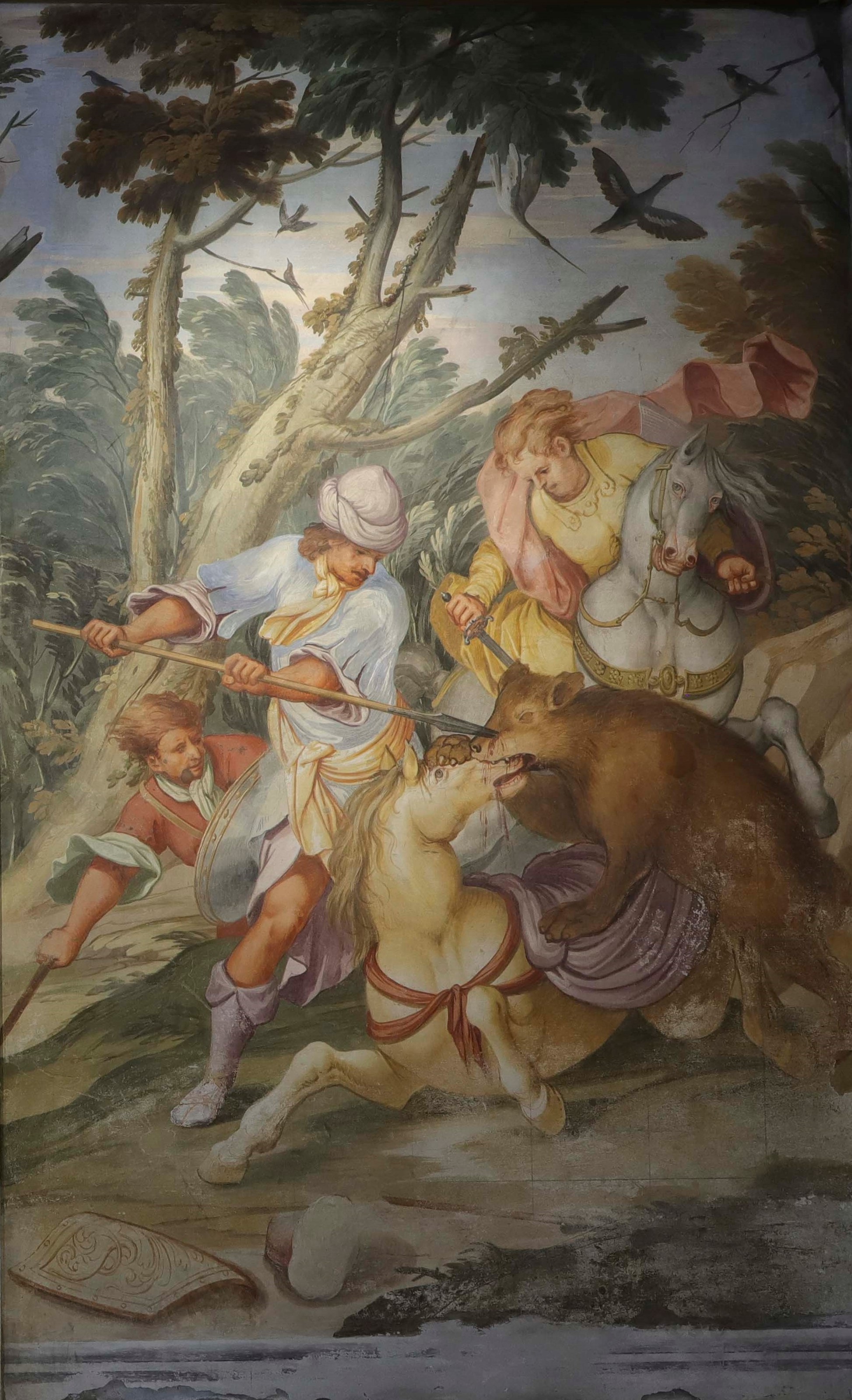 caccia all'orso, scena di caccia (dipinto, elemento d'insieme) di Primon, Michele (attribuito) - ambito veneto (ultimo quarto XVII)
