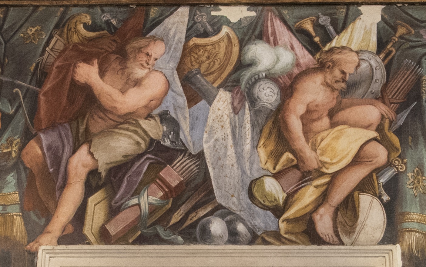 Guerrieri con panoplie di armi (dipinto, elemento d'insieme) di Primon, Michele (attribuito) - ambito veneto (ultimo quarto XVII)