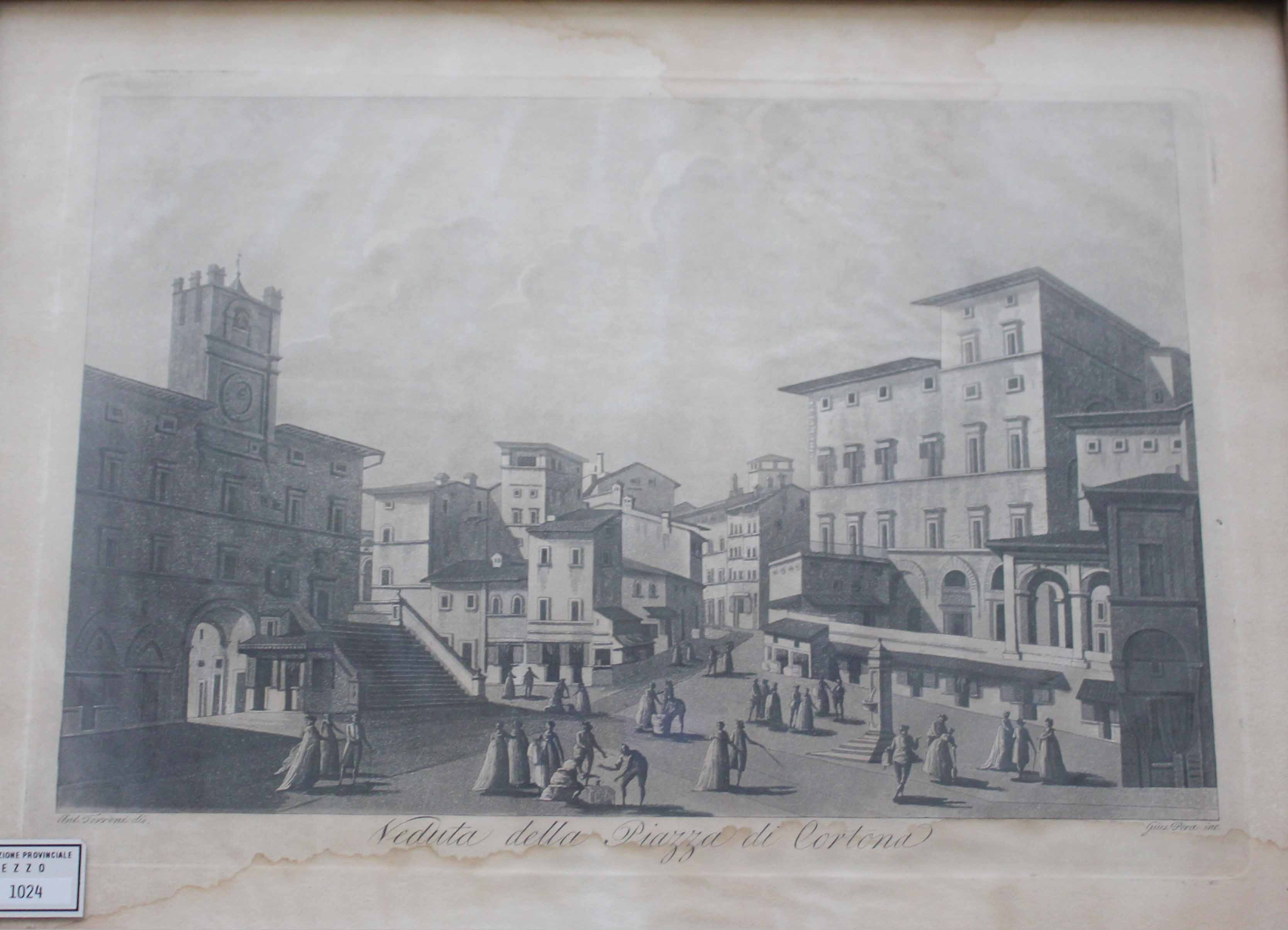 Veduta della Piazza di Cortona, Veduta (stampa, elemento d'insieme) di Del Durand, Andrè (attribuito) - ambito francese (XX)