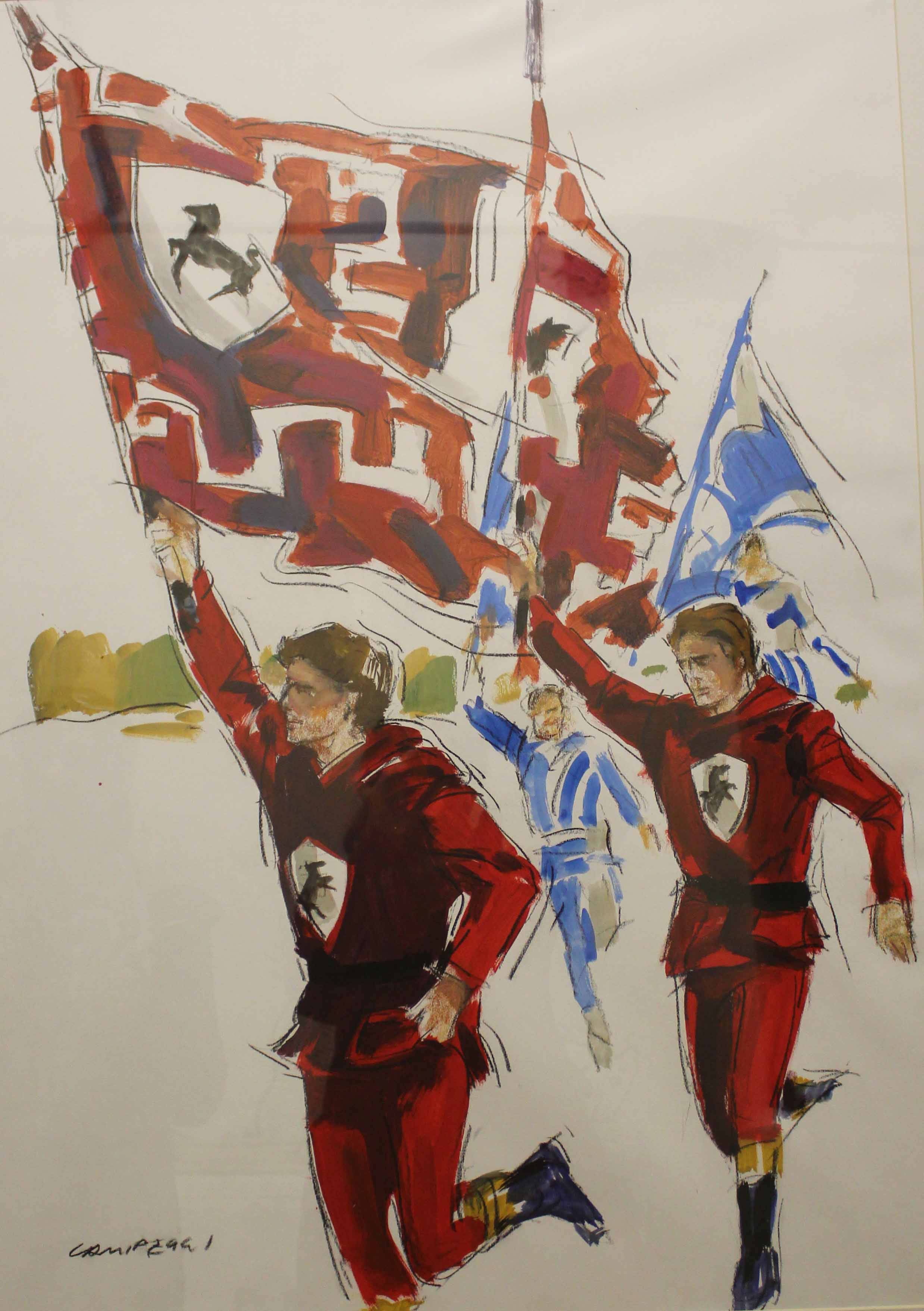 Sbandieratori, Sbandieratori (dipinto, serie) di Campeggi, Silvano (attribuito) - ambito toscano (XXI)