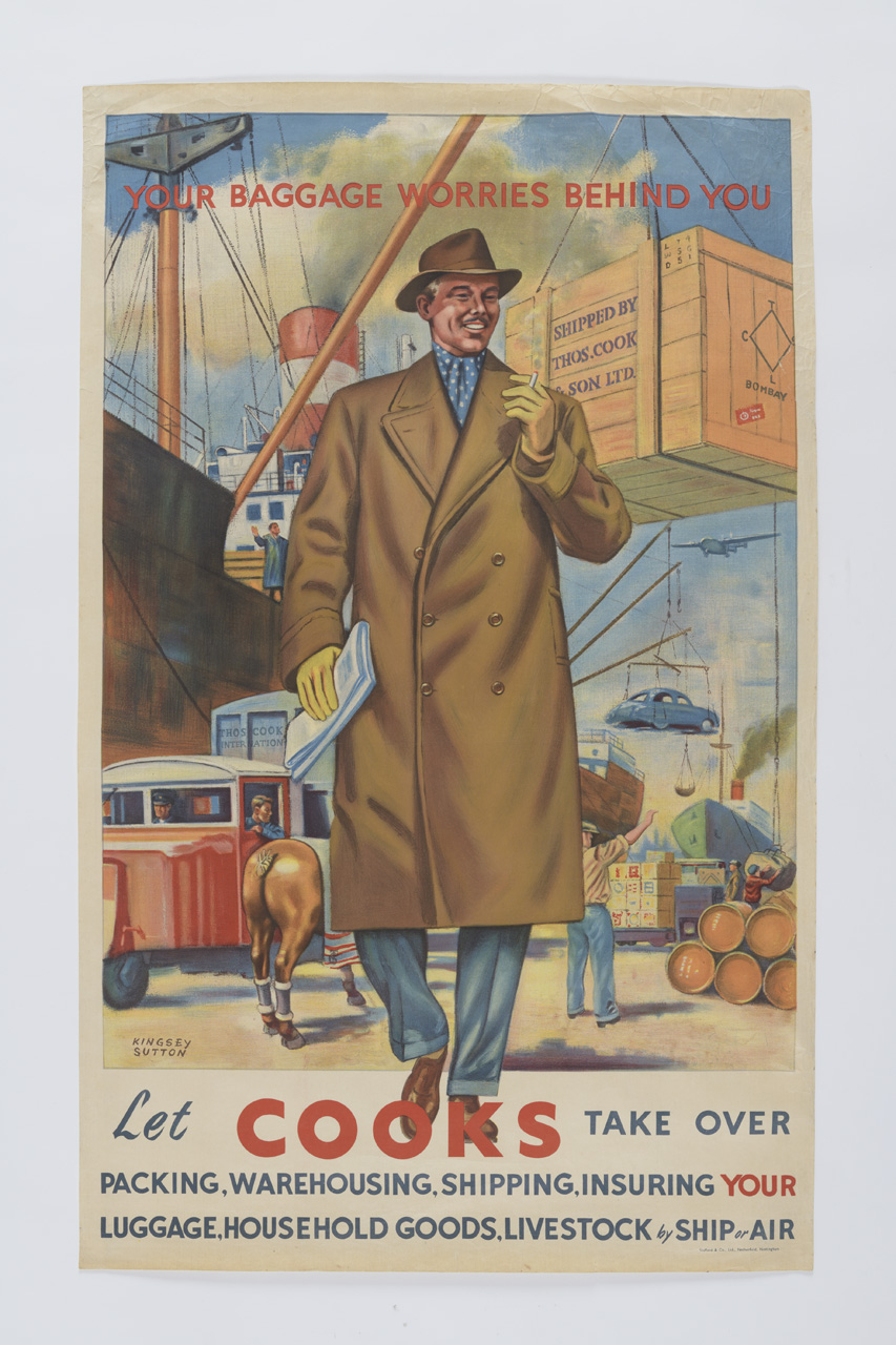 Let Cooks take over, Uomo sorridente passeggia sulla banchina del porto mentre si movimentano merci (manifesto) di Kingsey Sutton Jhn (XX)