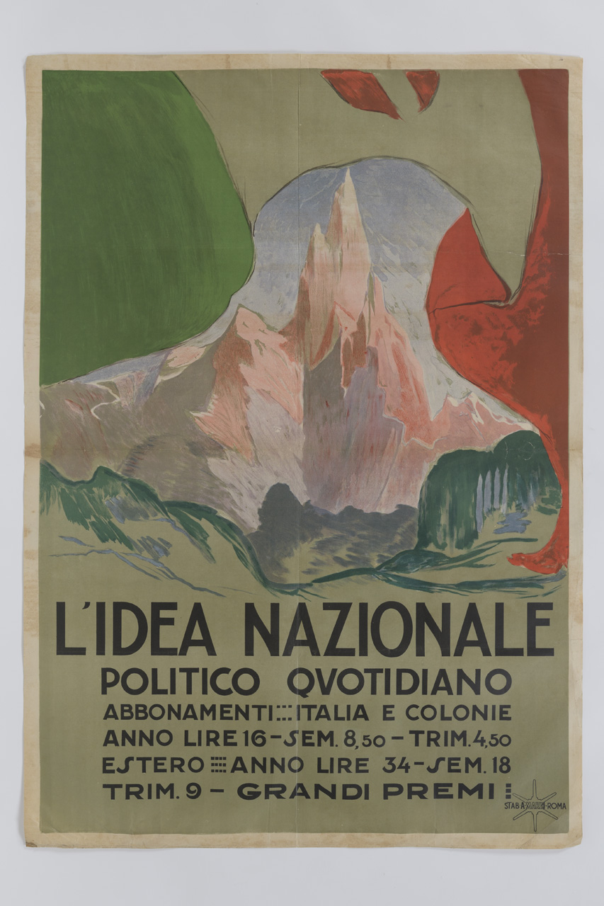 L'Idea Nazionale politico quotidiano, Paesaggio con montagne e bandiera italiana (manifesto) - ambito italiano (XX)