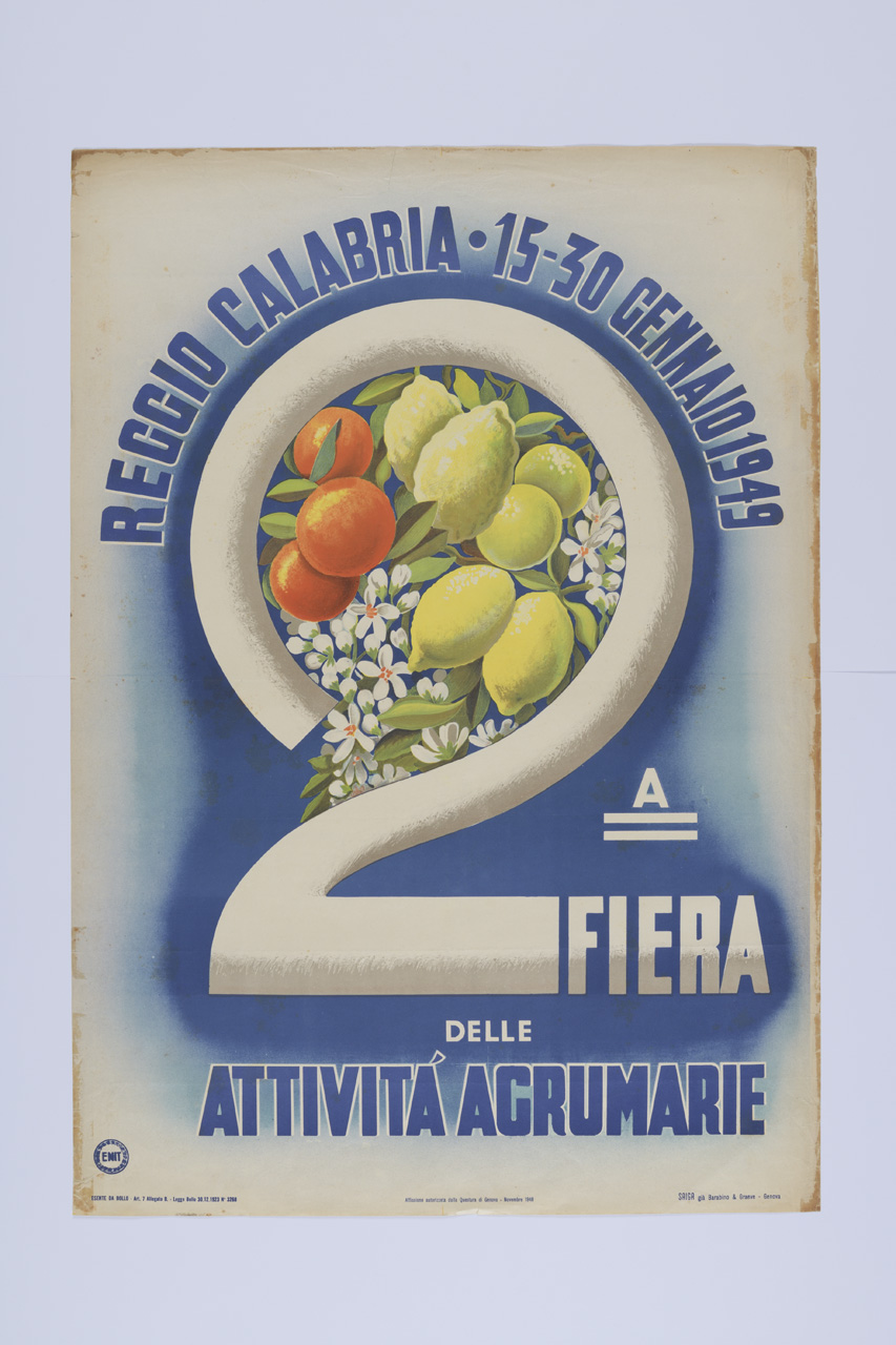 Seconda Fiera delle attività agrumarie, Bouquet di agrumi e fiori di zagare inseriti dentro le curve del numero due (manifesto) - ambito italiano (XX)